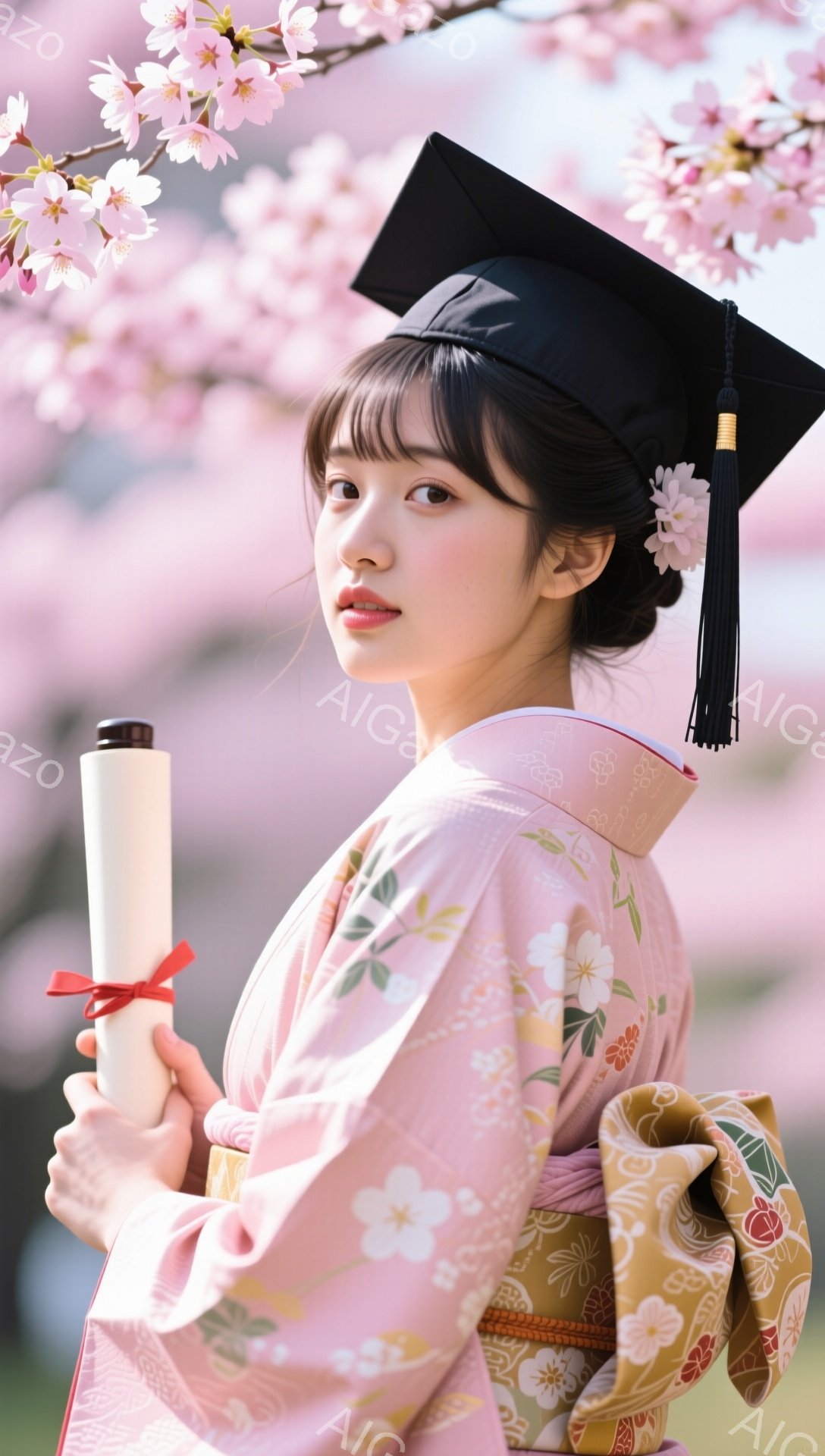 卒業式を迎えた女性が、ピンク色の着物と袴を身につけて微笑んでいます。背景には桜の花が咲き誇り、春らしい華やかな雰囲気を醸し出しています。手には卒業証書を持ち、未来への希望に満ちた表情をしています。