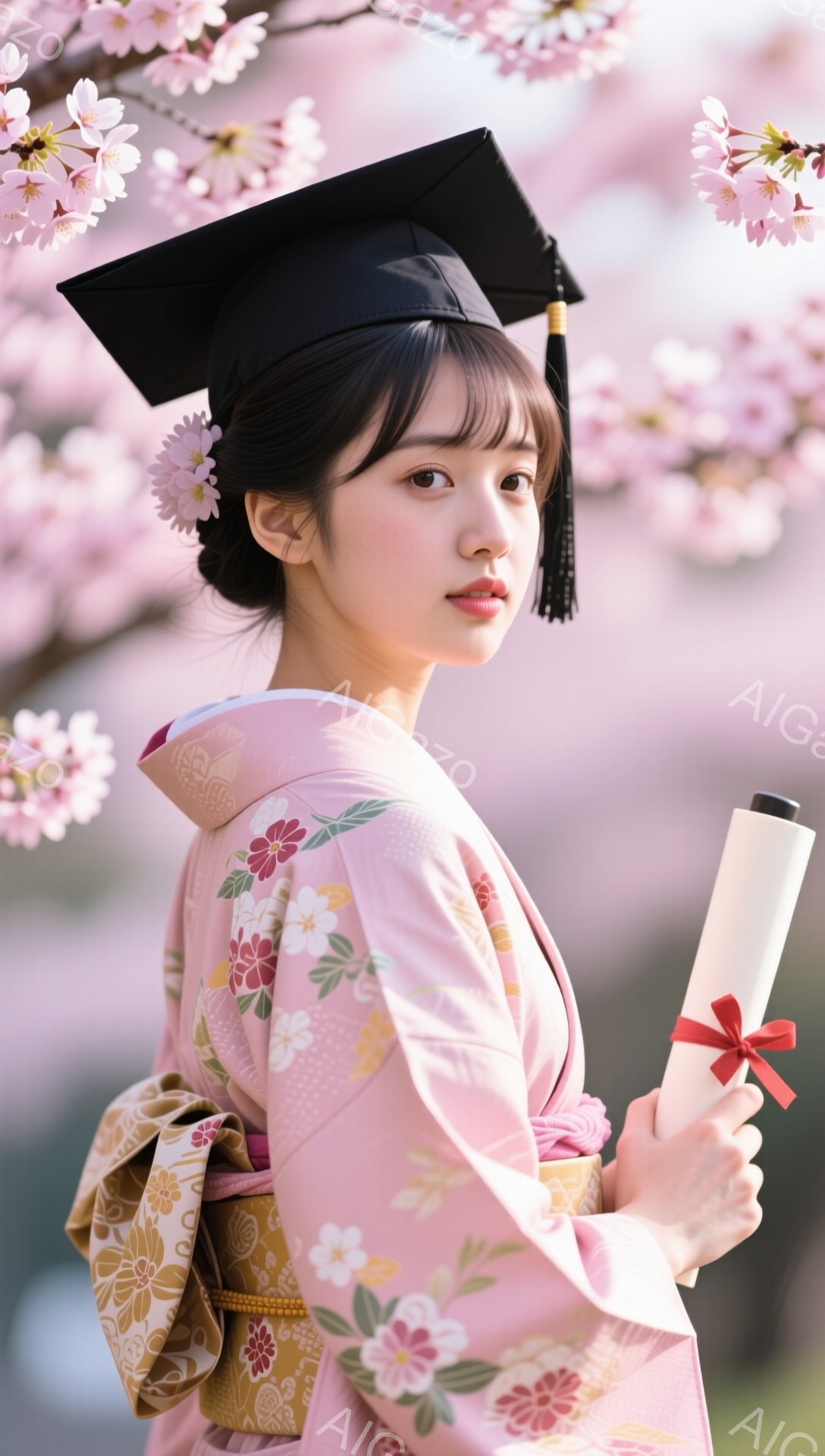 卒業式で着物を着た若い女性が、桜並木の背景で微笑んでいます。髪はアップスタイルで、手に卒業証書を持って、晴れやかな春の雰囲気を楽しんでいる様子です。ピンク色の着物と黒い帽子が、日本の伝統と西洋の文化の融合を表しています。