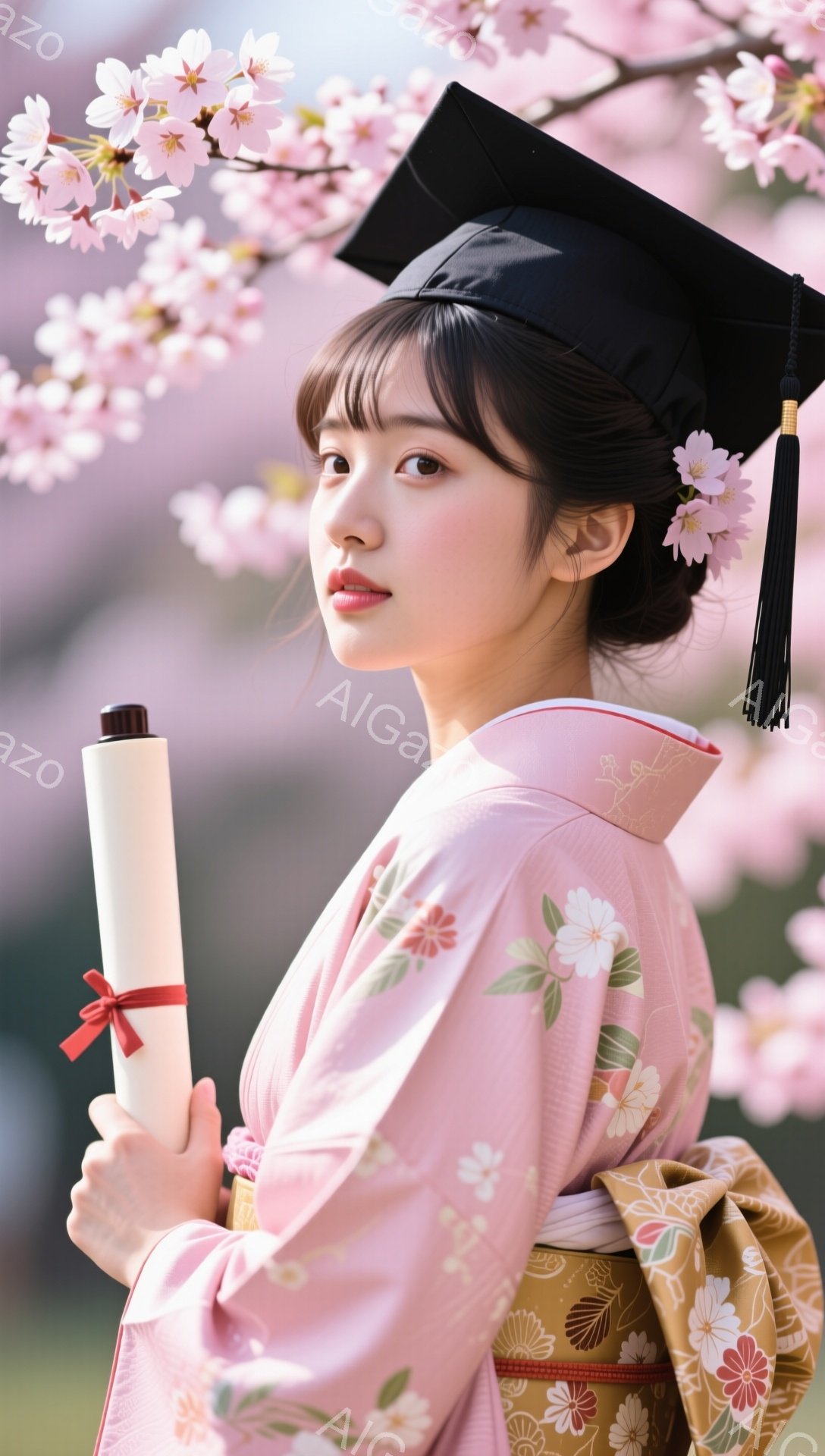 卒業式を終えた女性が、華やかな着物姿で桜並木を歩いている。晴れやかな表情で、卒業証書を手に微笑んでいる様子は、未来への希望に満ち溢れている。背景にはぼやけた桜が咲き誇り、春の暖かな雰囲気を演出している - AI生成フリー素材