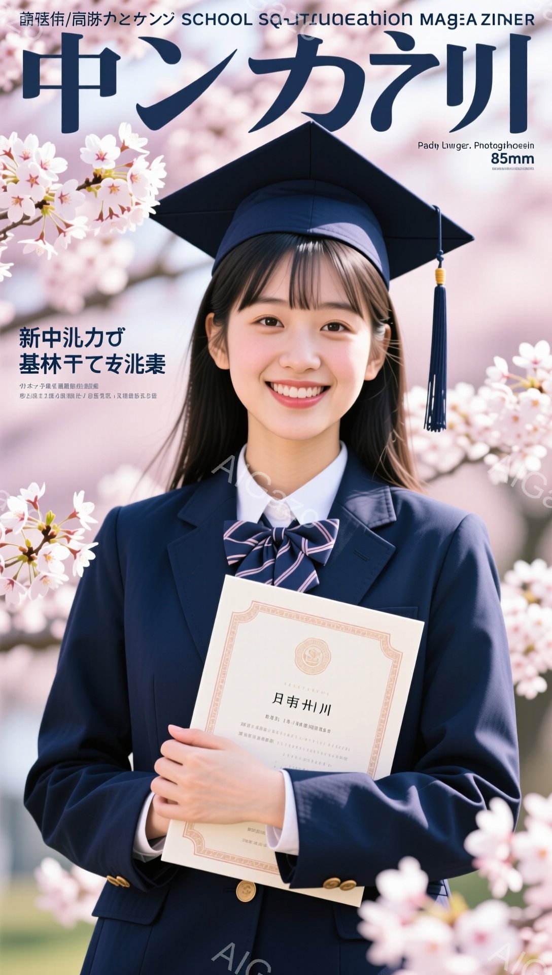 卒業式で学士帽をかぶり、卒業証書を持つ若い女性が写っている。彼女は制服を着ており、背景には桜の花びらが舞い散る春の風景が広がっている。晴れた空の下、希望に満ちた表情で未来を見つめている。 - AI生成フリー素材