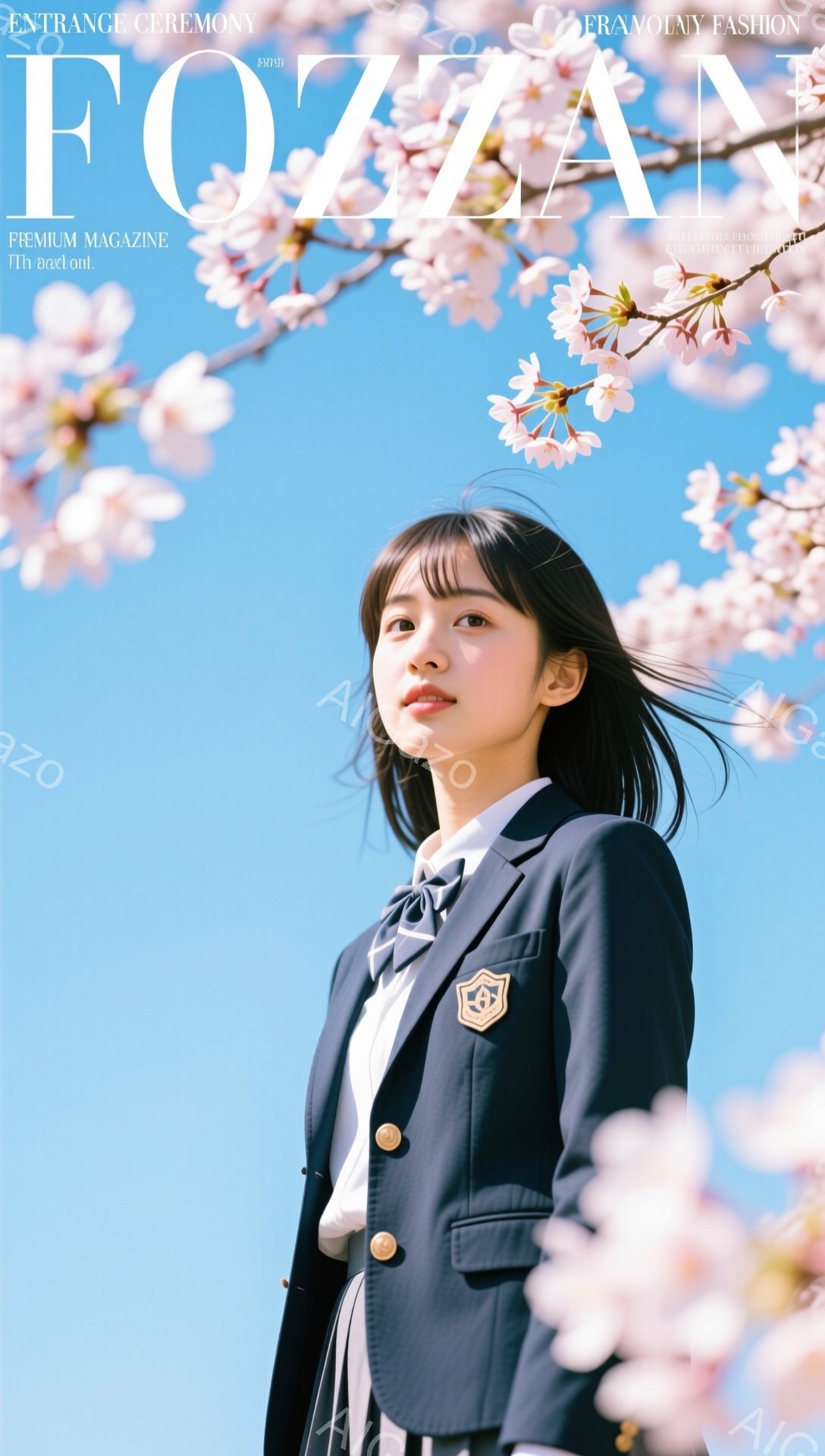 制服を着た女子高生が桜並木の道を歩いている。彼女は微笑みを浮かべ、春らしい明るい雰囲気を醸し出している。背景には、淡いピンク色の桜が咲き誇り、新入学の季節を感じさせる。