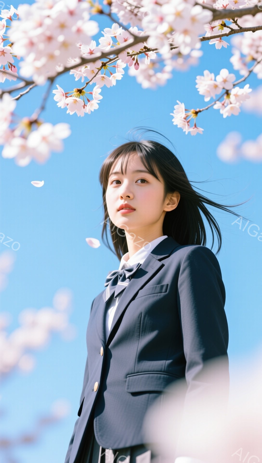 制服姿の女子高生が、桜並木の風景の中で見上げている。彼女は黒髪のショートボブで、表情はやや微笑んでいる。背景には、空とピンク色の桜の花びらが舞い、春らしい穏やかな雰囲気を醸し出している。