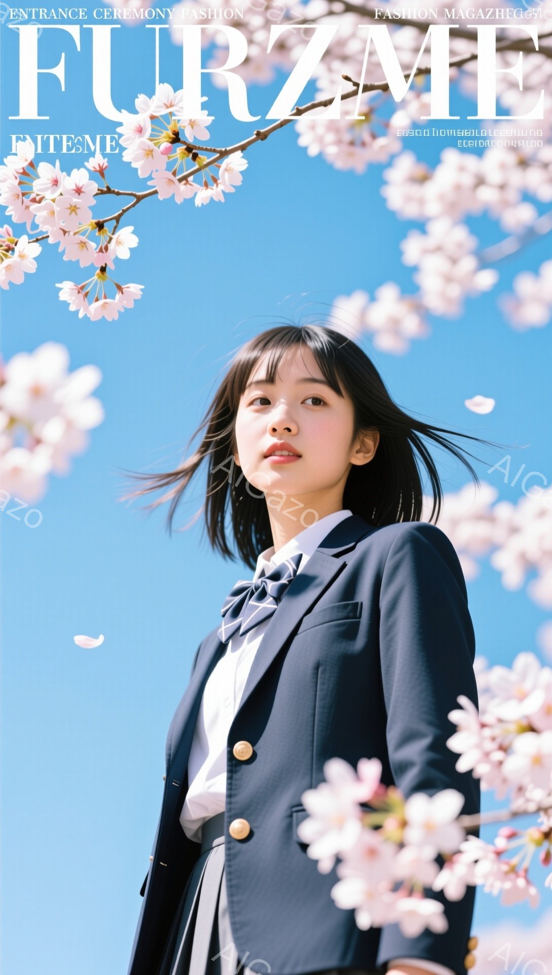 制服を着た女子高生が、桜並木の下で正面を向いて立っている。紺色のブレザーに白いシャツ、赤いネクタイを着用し、黒髪のロングヘアは肩まで伸びている。背景の桜が美しく、春の入学式のような華やかな雰囲気を醸し出している。