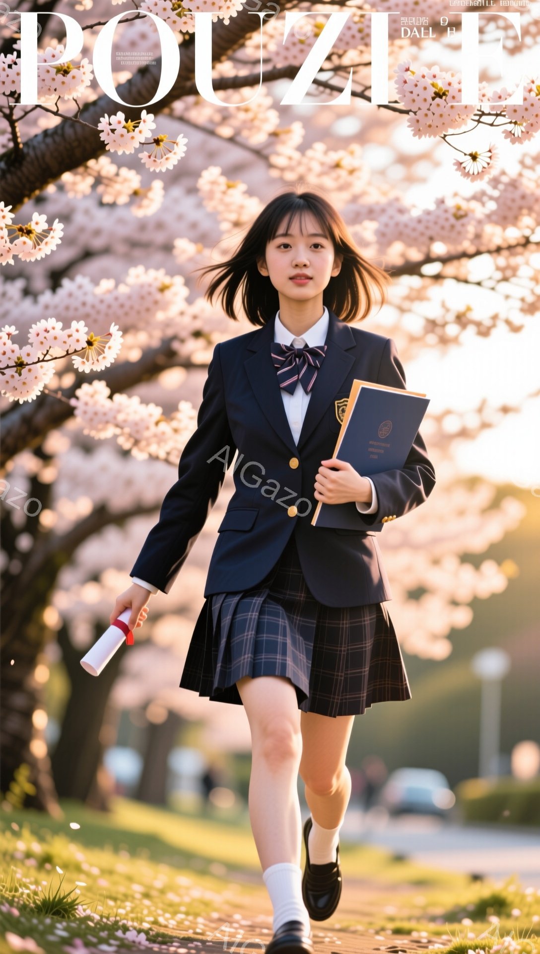 制服を着た女子学生が桜並木を歩いている。彼女は黒いジャケットにチェックのスカート、白いソックス、黒い革靴を履いている。晴れた日の穏やかな春の雰囲気が漂う。 - AI生成フリー素材