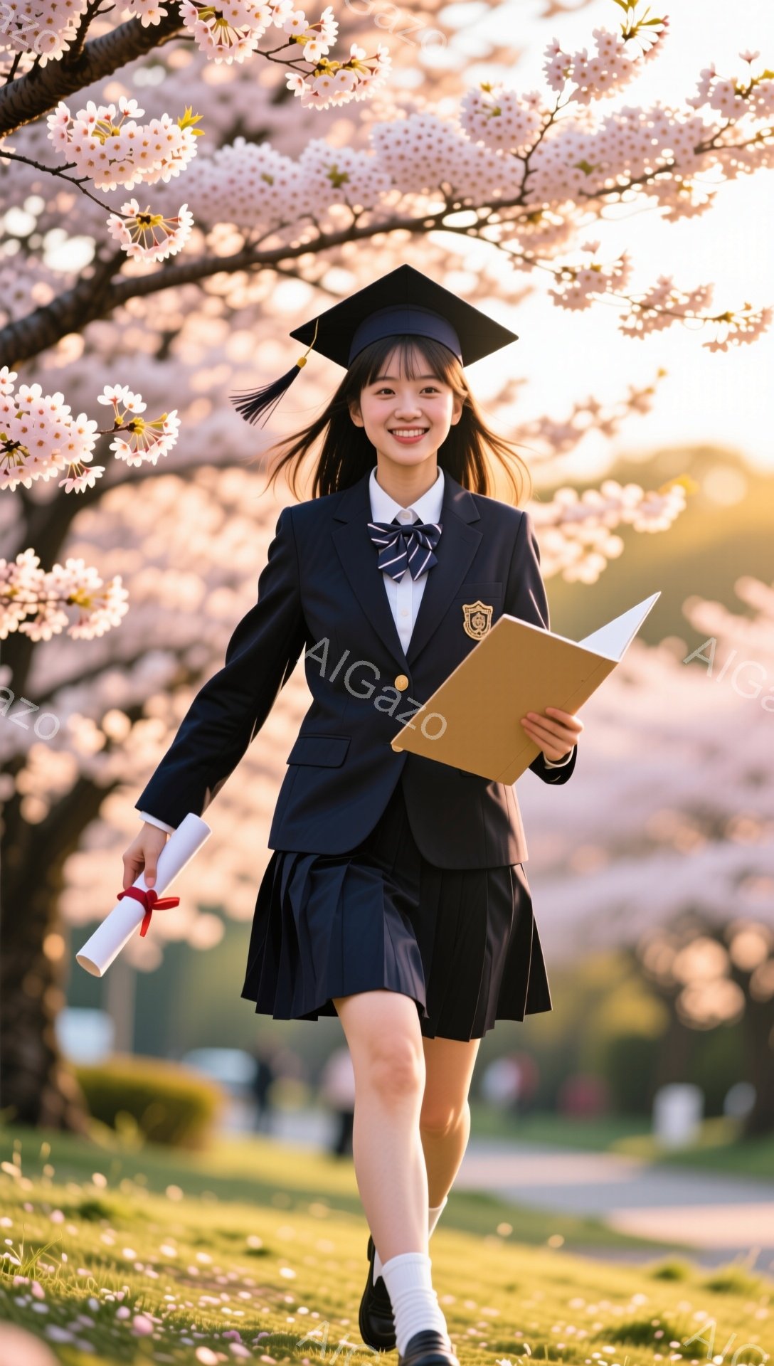 卒業式で、紺色の制服と袴を着た若い女性が、桜並木の中を笑顔で歩いています。手に卒業証書を持っており、春の暖かく明るい雰囲気が伝わってきます。背景には桜の花びらが舞い、希望に満ちた未来を予感させるシーンです。