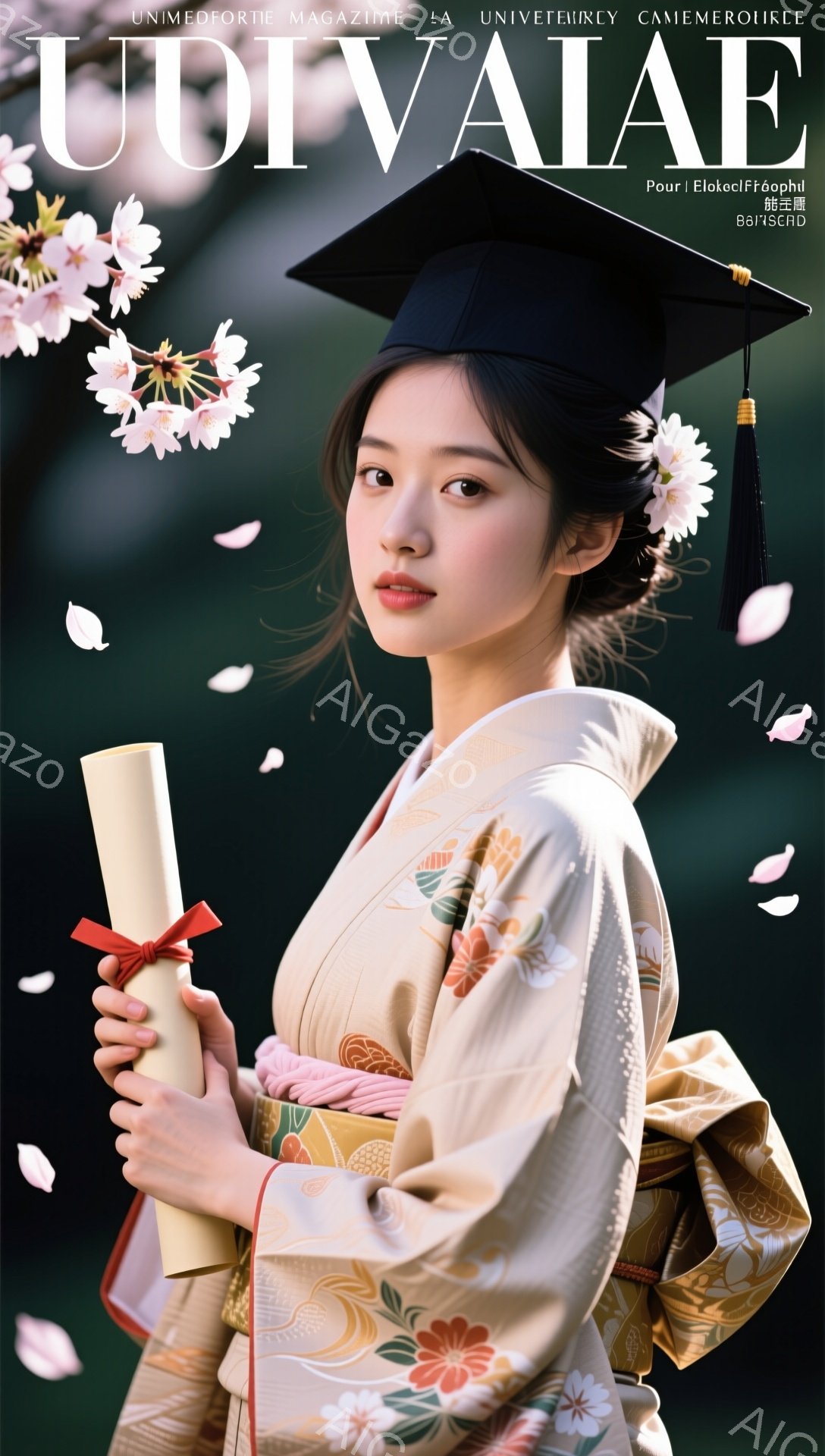 女性は華やかな着物を着ており、桜の花が咲き乱れる背景に佇んでいます。彼女は微笑んでおり、優雅で上品な雰囲気を醸し出しています。着物の鮮やかな色彩と桜の美しさが、春の訪れを感じさせます。