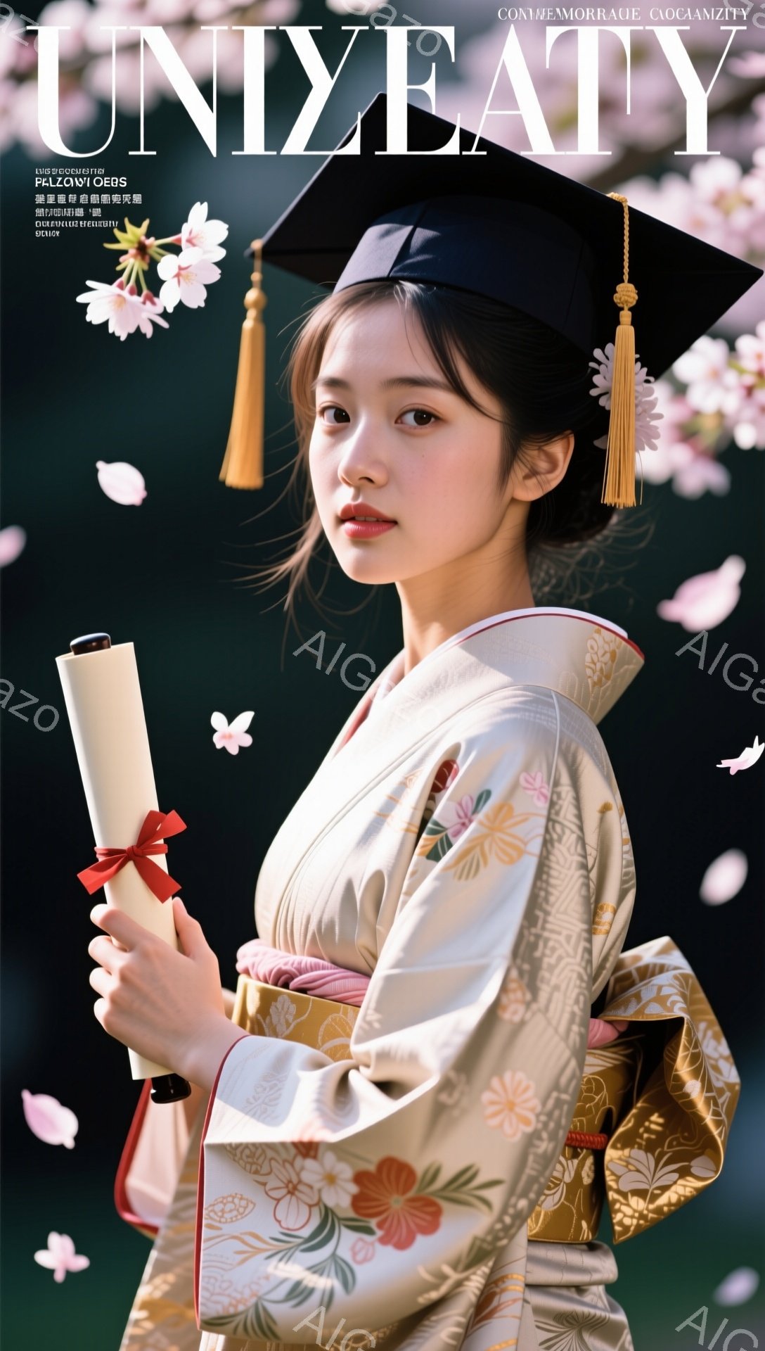 卒業式を迎えた若い女性が、華やかな振袖を着て笑顔を見せています。髪はアップスタイルで、卒業証書を手に、背景には桜の花びらが舞い散る様子が描かれています。お祝いの雰囲気が溢れる、美しい一枚です。