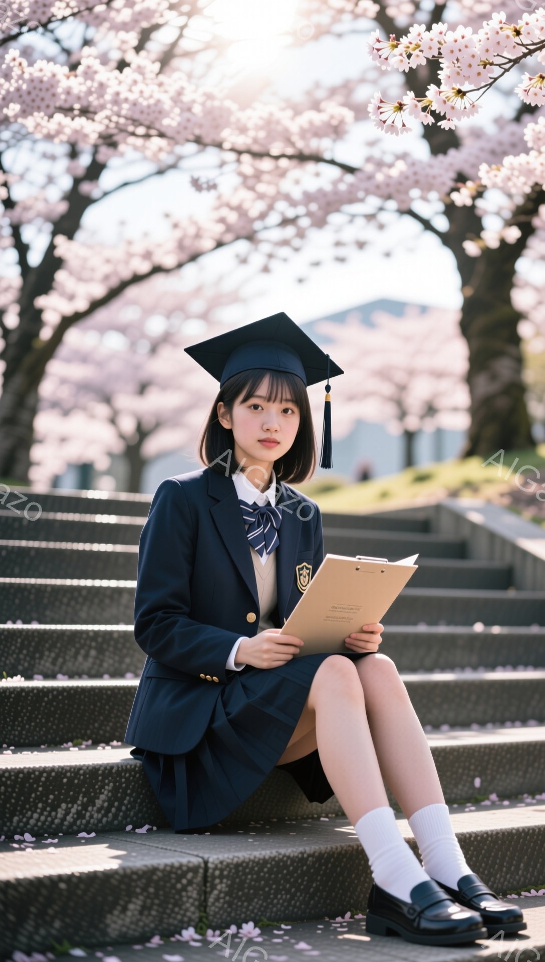 卒業式と思われる女子学生が、階段に座って何かを読んでいる。紺色のブレザーにスカート、白いソックスと黒い靴を履き、卒業帽子をかぶっている。背景には桜が咲き誇り、春らしい穏やかな雰囲気が漂っている。 - AI生成フリー素材