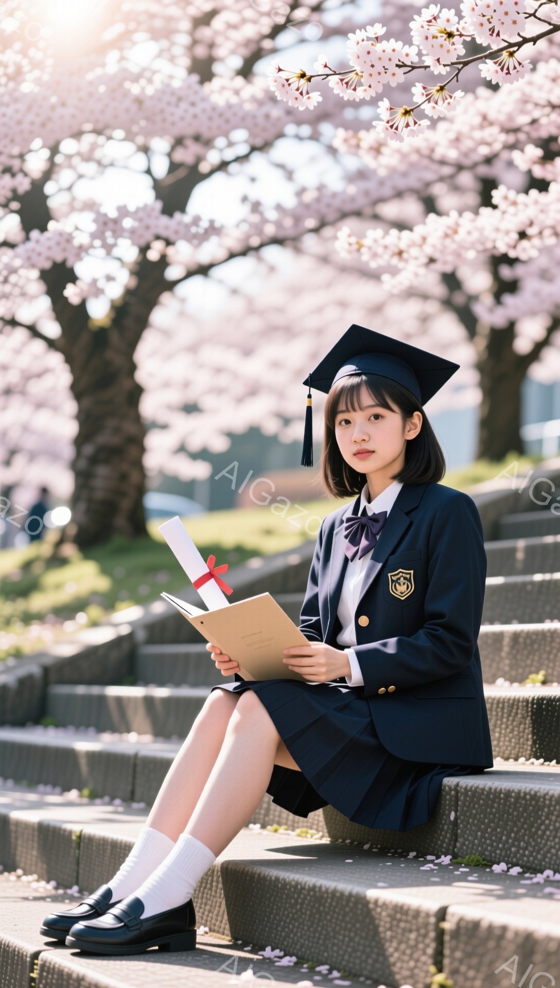 卒業式を迎えた女性が、桜並木の下の階段に座って卒業証書を見つめている。紺色の制服に卒業帽子を被り、白いハイソックスと黒いローファーを履いている。穏やかな表情で春の暖かさを感じさせる、卒業の喜びと少しの - AI生成フリー素材