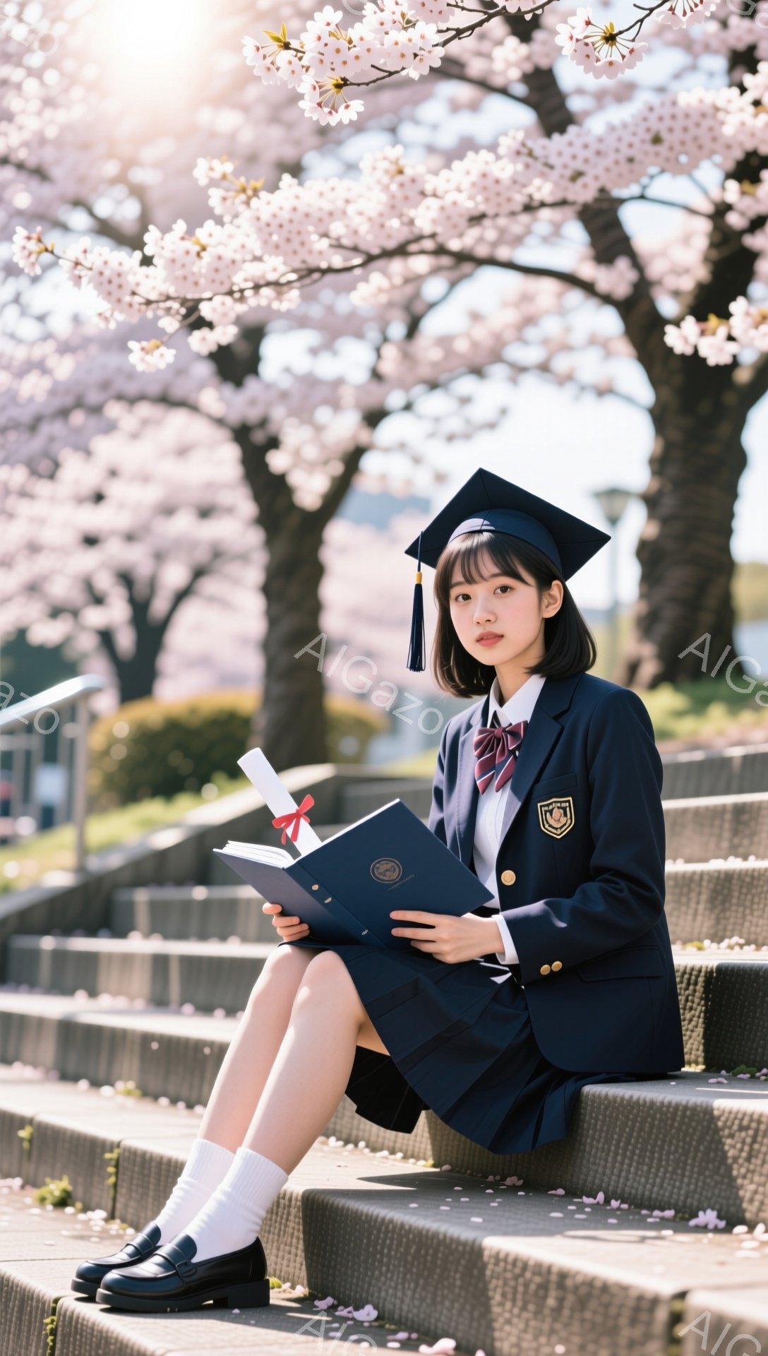 卒業式を迎えた女性が、桜並木の石段に座って卒業証書を手にしている。紺色のブレザーにスカート、白いハイソックスとローファーを履き、卒業帽子を被っている。優しい微笑みを浮かべ、春の暖かさと希望に満ちた雰囲気が感じられる。
