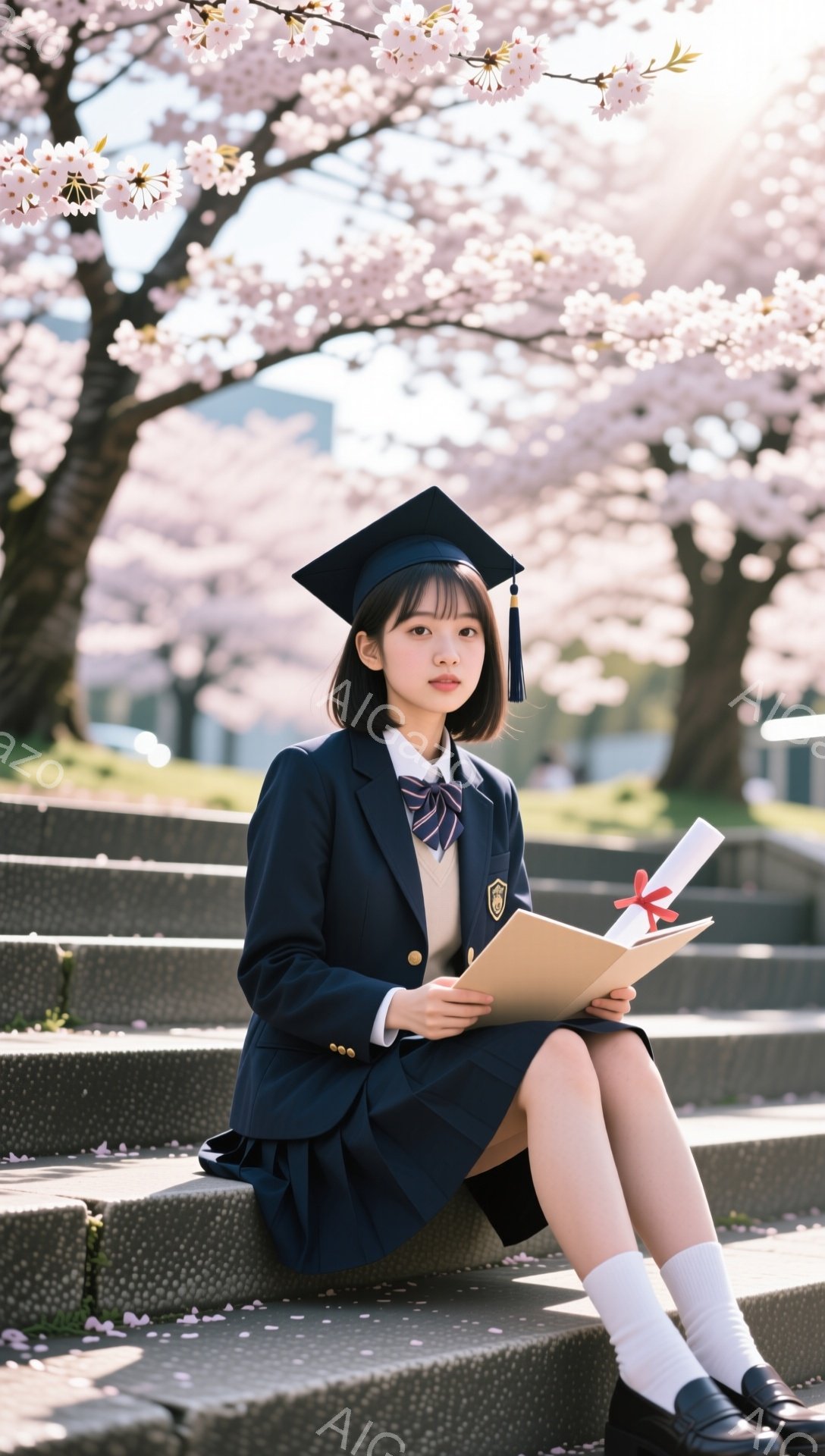 卒業式を迎え、紺色の制服に卒業帽子を被った女性が階段に座っている。彼女は卒業証書を手に持ち、少し微笑んでいる。背景には桜が咲き誇り、春の暖かい雰囲気が感じられる。
