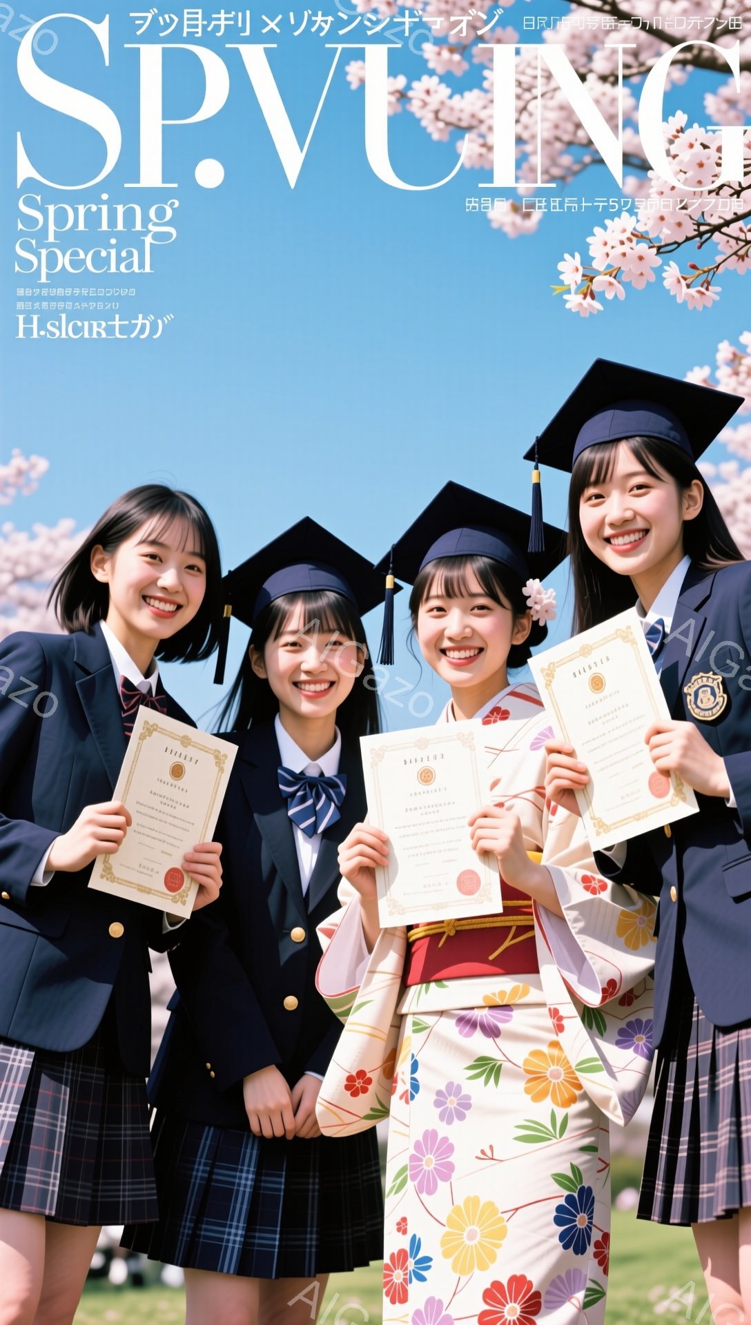 卒業式と思われる女子学生たちが、桜の木の下で笑顔で並んでいます。紺色のブレザーとチェックのスカートの制服を着て、手に卒業証書を持ち、髪はハーフアップやポニーテールにしています。背景には桜が咲き誇り、華やかで春らしい雰囲気が漂っています。