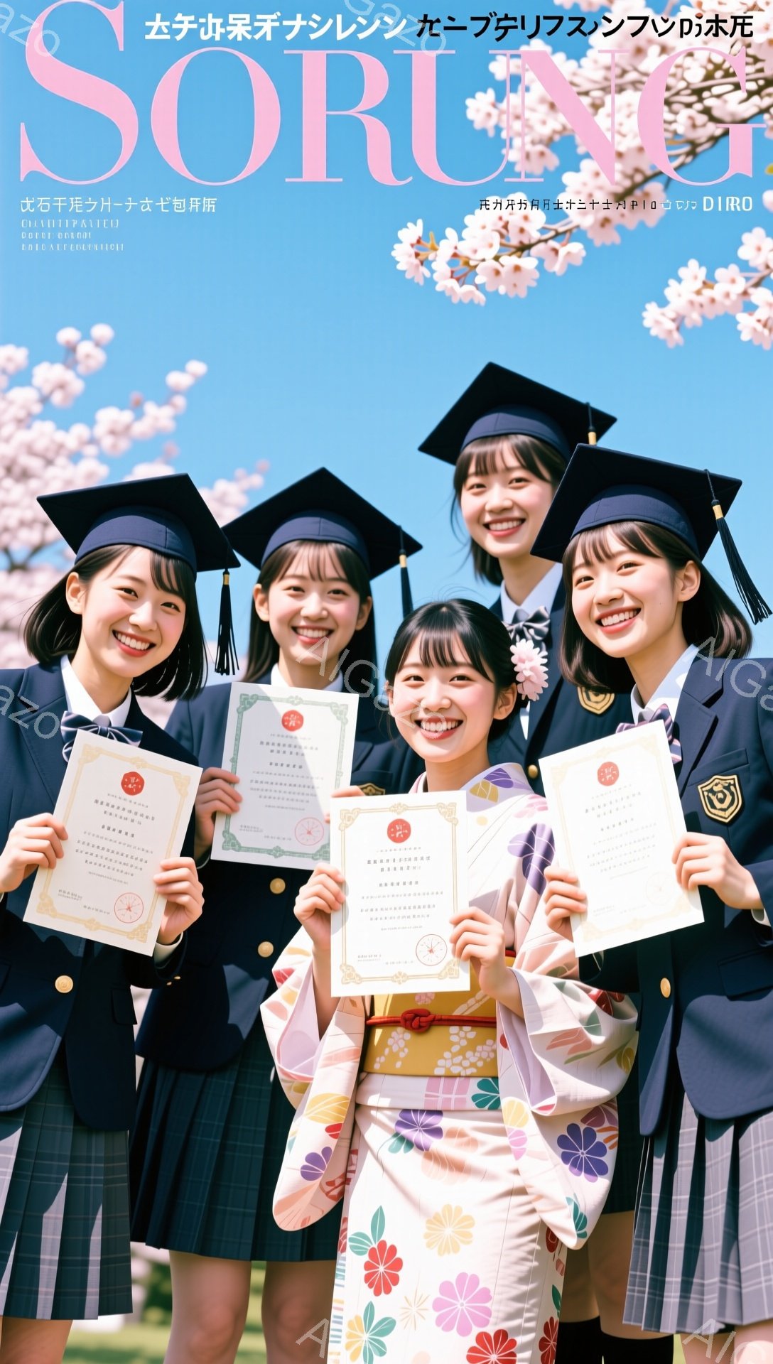 卒業式と思われる女子学生たちが、証書を手に笑顔で並んでいます。紺色のブレザーに赤いリボン、そして黒い卒業帽子を被り、華やかな春の背景の中で喜びを分かち合っています。桜の花びらが舞い散り、明るく希望に満 - AI生成フリー素材