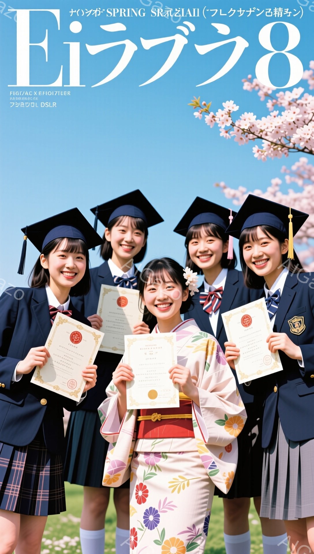 卒業式で晴れ着姿の女性たちが笑顔で並んでいます。紺色の制服に卒業証書を持ち、桜並木の下で記念撮影をしている様子が写っています。華やかで明るい春の雰囲気を感じさせる一枚です。