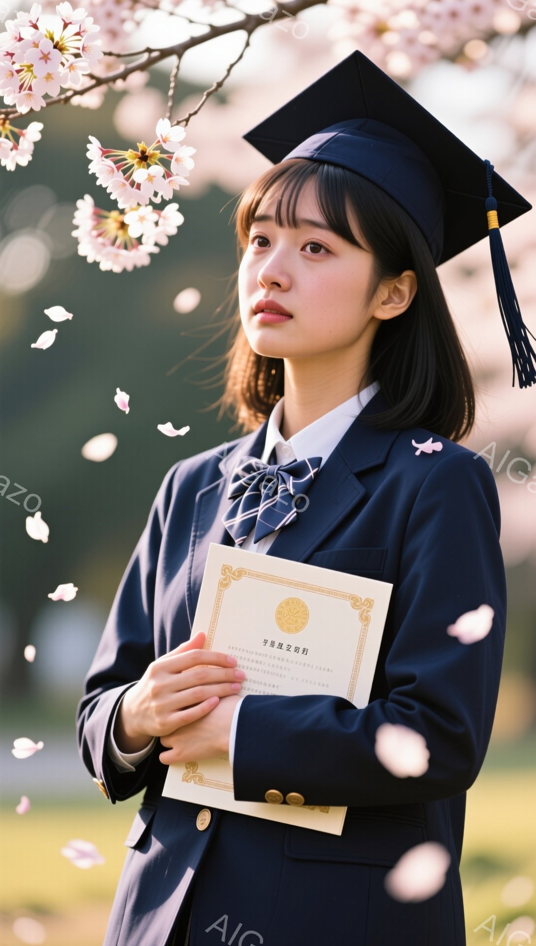 学士帽と卒業証書を持つ女性が、桜の木の下で微笑んでいます。紺色のジャケットに白いブラウス、そしてエンジ色のリボンが印象的です。背景には桜の花びらが舞い散り、春の暖かく穏やかな雰囲気を醸し出しています。