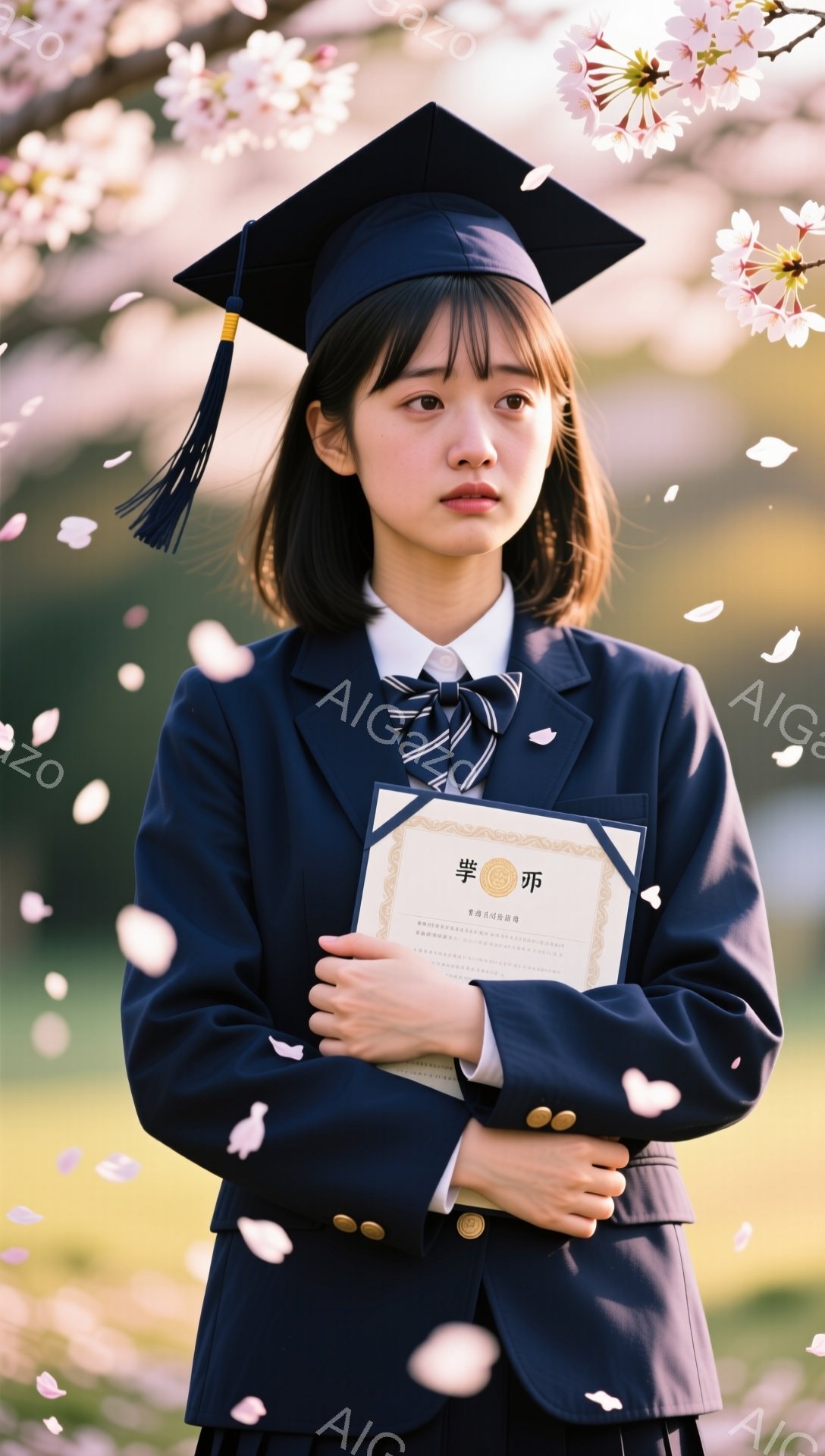 卒業式で晴れ着を着た若い女性が、卒業証書を抱えて立っている。彼女は紺色のブレザーと白いシャツ、そして赤いネクタイを着用し、黒髪を肩まで伸ばしている。桜の花びらが舞い散る背景は、春の暖かさと新たな始まりを象徴している。
