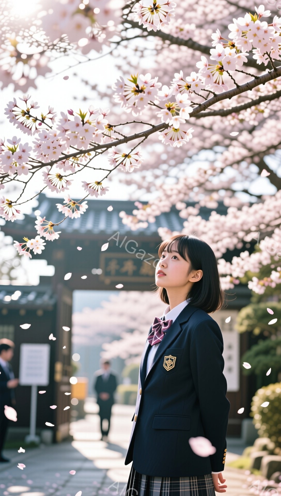 制服を着た女子高生が、桜並木の下を歩いている。彼女は少し上目遣いで、春の陽光の中で微笑んでいる。背景には学校の建物が見え、華やかな春の雰囲気が漂っている。