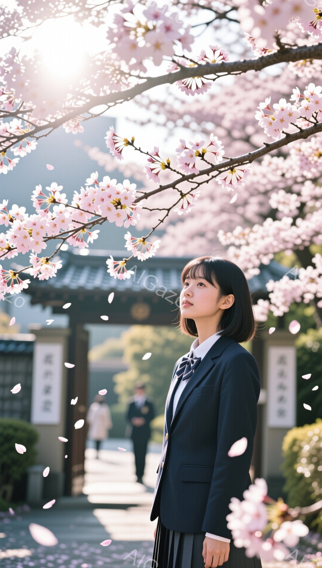 制服姿の女子学生が桜並木の下を歩いている。 彼女は少し上目遣いで、春の陽光の中で穏やかな表情を浮かべている。背景には学校の建物が見え、桜の花びらが舞い散る様子が春の訪れを感じさせる。 - AI生成フリー素材