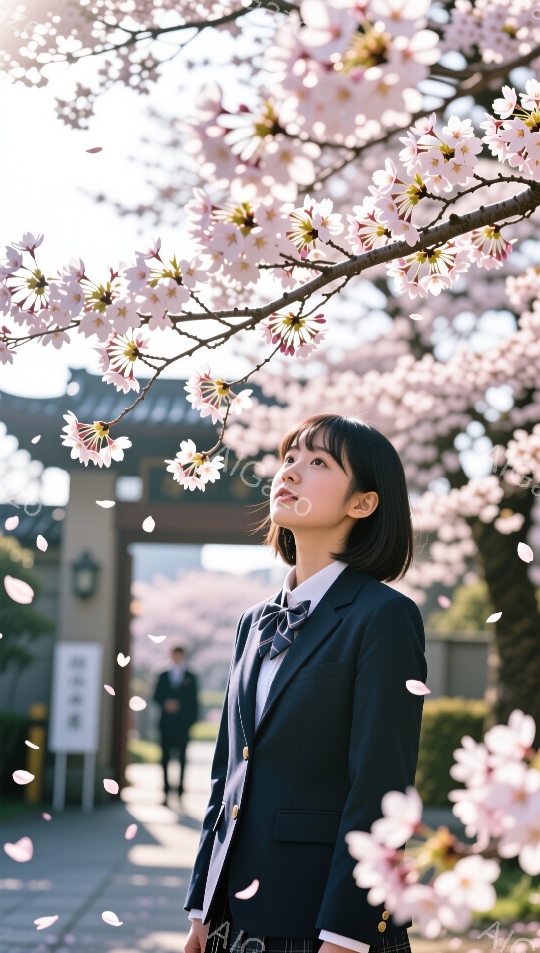 制服を着た女子高生が、桜並木の下を歩いている。顔を少し上げ、春の空と桜の花びらを見上げている。背景には学校の建物が見え、入学式のような華やかな雰囲気が漂う。
