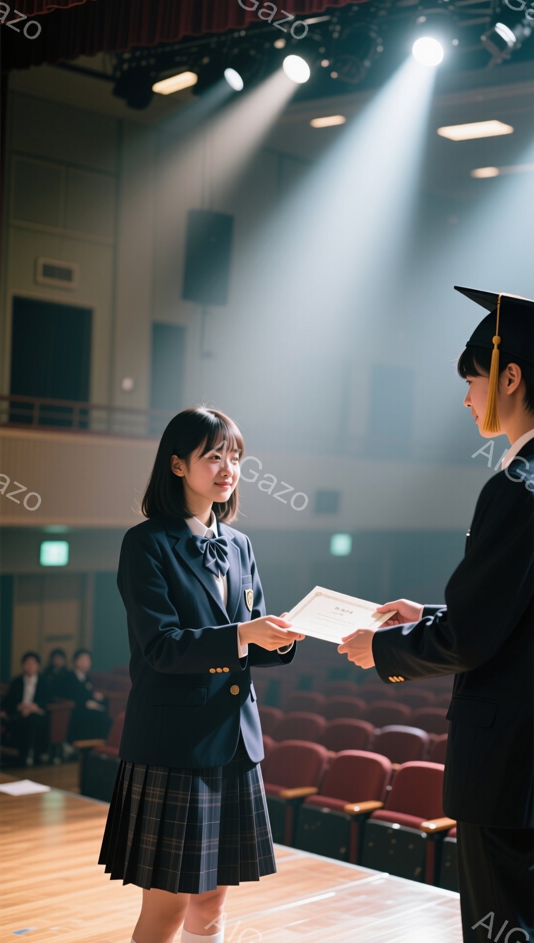 制服姿の女子学生が、卒業証書を受け取っています。背景には席が並び、式典の様子が伺えます。彼女は笑顔で証書を見つめ、少し緊張と喜びが入り混じった表情をしています。