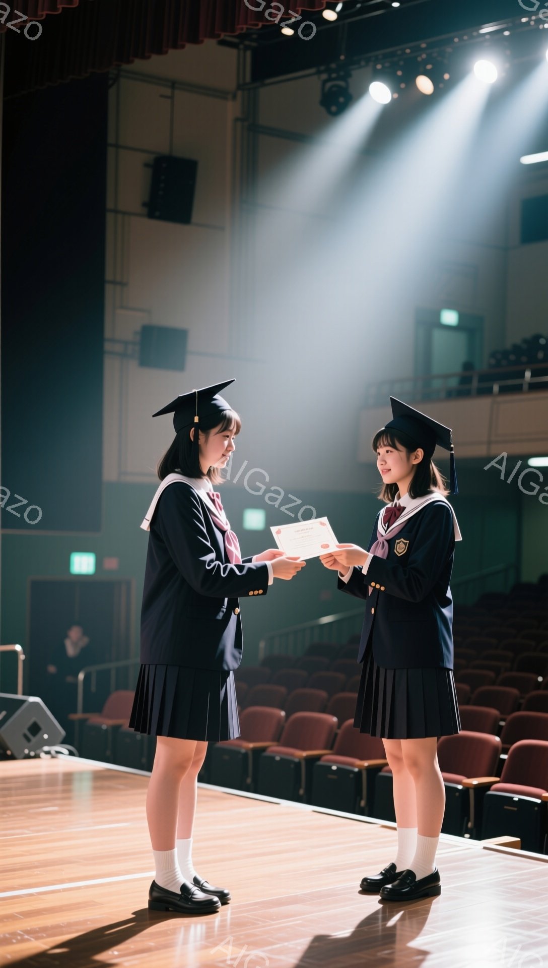 卒業式と思われる舞台上で、制服姿の女子高生二人が向き合っています。一人がもう一人に卒業証書を渡しており、お祝いの様子が伺えます。会場は薄暗く、スポットライトが二人を照らし、感動的な雰囲気を演出しています。
