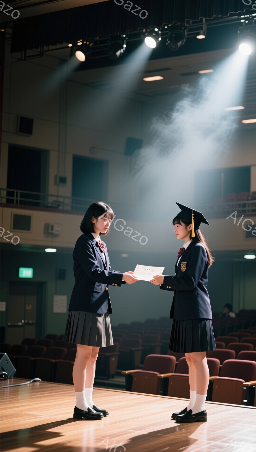 2人の女子高生が、卒業式と思われる舞台上で書類を受け渡している。紺色のブレザーとプリーツスカート、白い靴下を履いた姿は、日本の私立高校の制服によく見られるスタイルだ。舞台の照明が2人を照らし、背景の観客席はぼやけている。