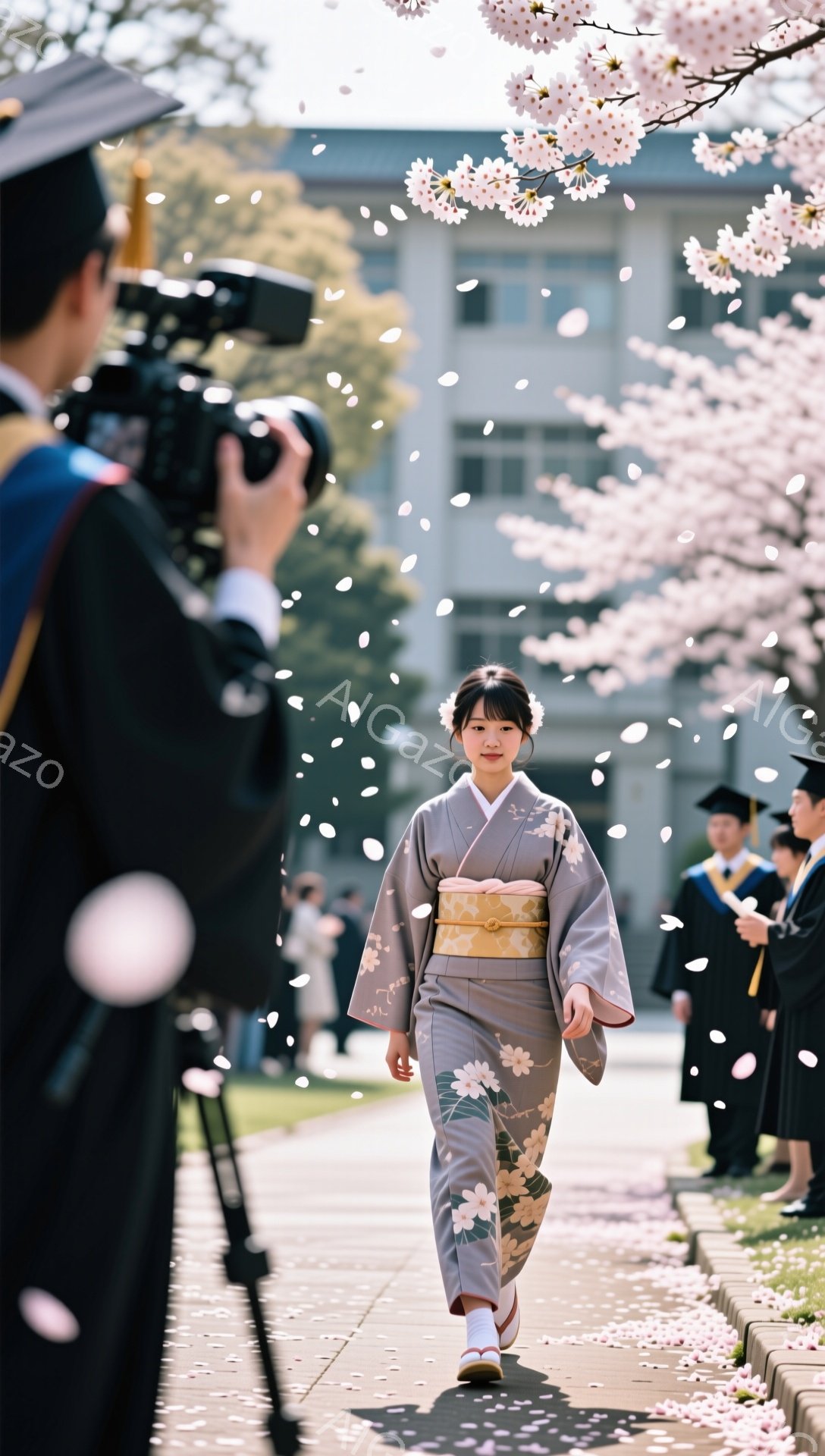 卒業式と思われる晴れた日に、袴姿の女性が桜並木の中を歩いている。彼女は微笑みながら前を見据え、周囲には卒業生と思しき人々や写真撮影をする人がいる。桜の花びらが舞い散る美しい春の光景が印象的だ。