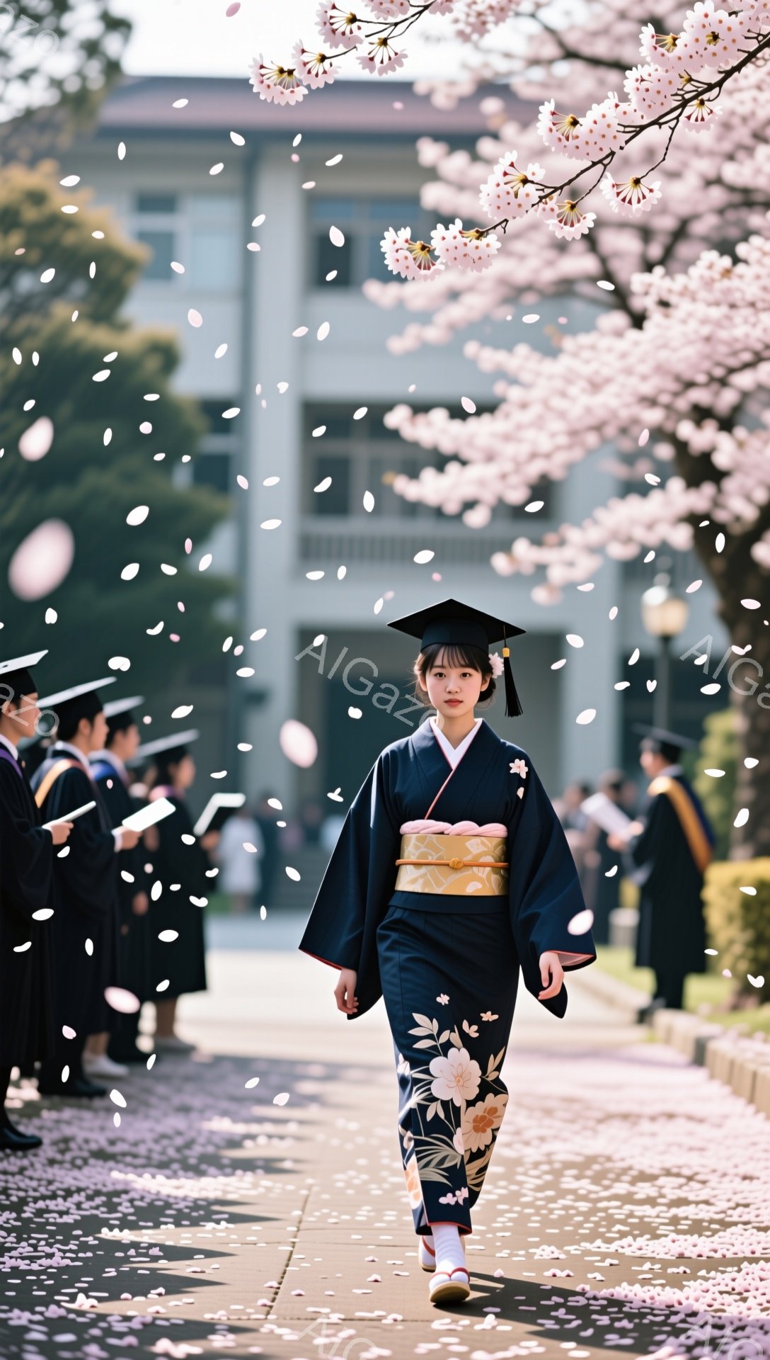 卒業式と思われる晴れた日に、袴を着用した若い女性が大学のキャンパスを歩いている。桜の花びらが舞い散り、彼女の周りを華やかに彩っている。自信に満ちた表情で、未来へ向かって歩む姿が印象的だ。