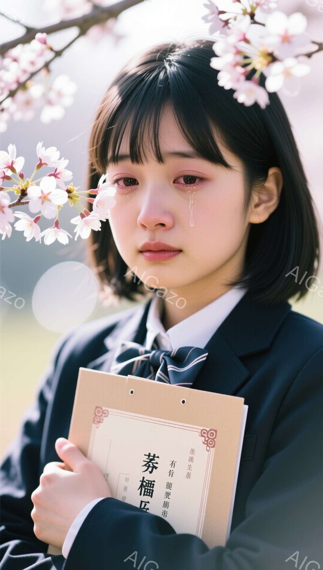 制服を着た少女が涙を浮かべ、何かを訴えるような表情をしている。背景には桜が咲き乱れ、春の穏やかな光が彼女を照らしている。 卒業アルバムのようなものを持ており、別れや希望が入り混じった複雑な感情が感じられる。
