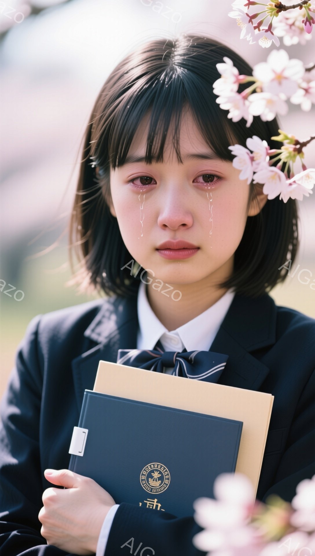 制服を着た少女が、桜並木の下で目に涙を浮かべて本を抱えています。彼女は悲しげな表情をしており、春の儚い美しさと相まって、切ない雰囲気を醸し出しています。背景の桜の花びらが舞い散り、少女の感情をさらに強調しています。