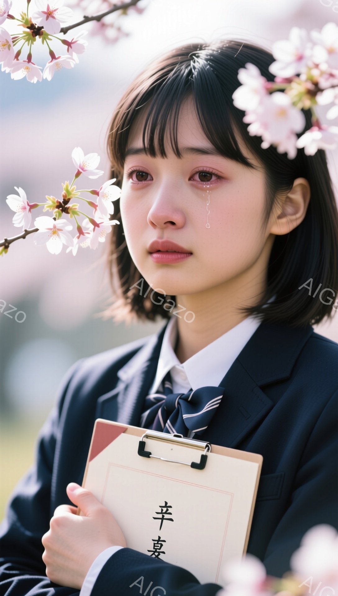 制服を着た若い女性が、桜の花びらが舞う中で目に涙を浮かべている。彼女はクリップボードを持っており、その表情は悲しみと寂しさを物語っている。背景はぼやけており、春の儚い美しさと彼女の感情が強調されている。