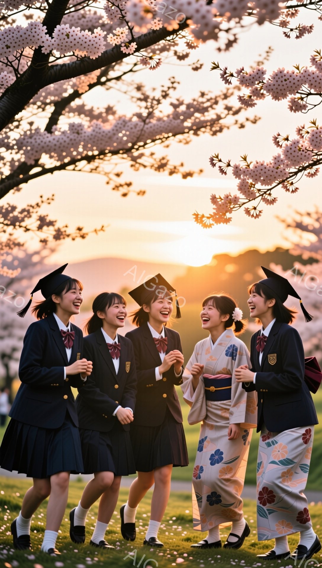 桜並木の下を卒業生たちが笑顔で歩いている。紺色の制服と袴姿の女性たちが、喜びを分かち合い、夕焼け空の下で未来への希望に満ち溢れている。桜の花びらが舞い散り、暖かく、感動的な雰囲気を醸し出している。