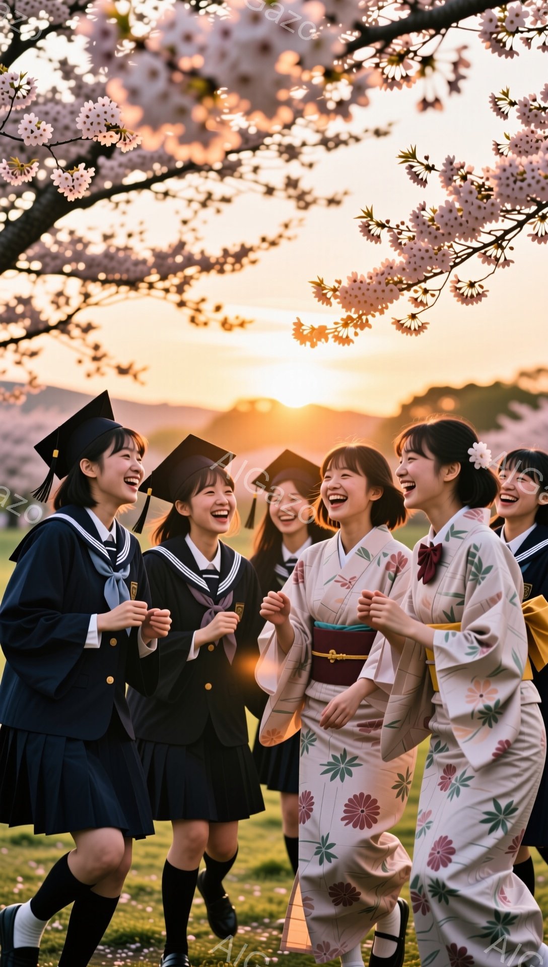 卒業式を祝う女子学生たちが、桜並木の下で楽しそうに笑いながらポーズをとっている。袴や制服姿の彼女たちは、卒業帽子をかぶり、春の暖かな日差しの中で喜びを分かち合っている。背景には、桜の花びらが舞い、夕焼け空が広がり、感動的な雰囲気を演出している。