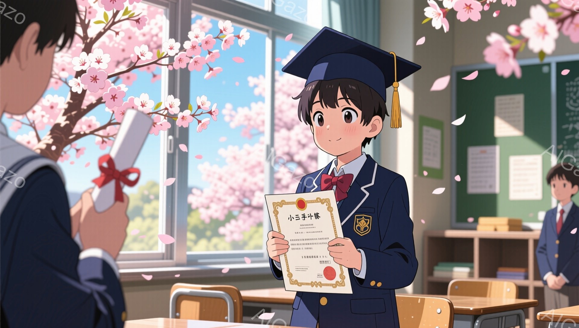 卒業式と思われる教室で、制服姿の少女が卒業証書を手に微笑んでいます。ピンク色の桜の花びらが舞い散る中、明るく希望に満ちた雰囲気が漂っています。少女は茶色のショートヘアで、少し照れたような表情をしています。