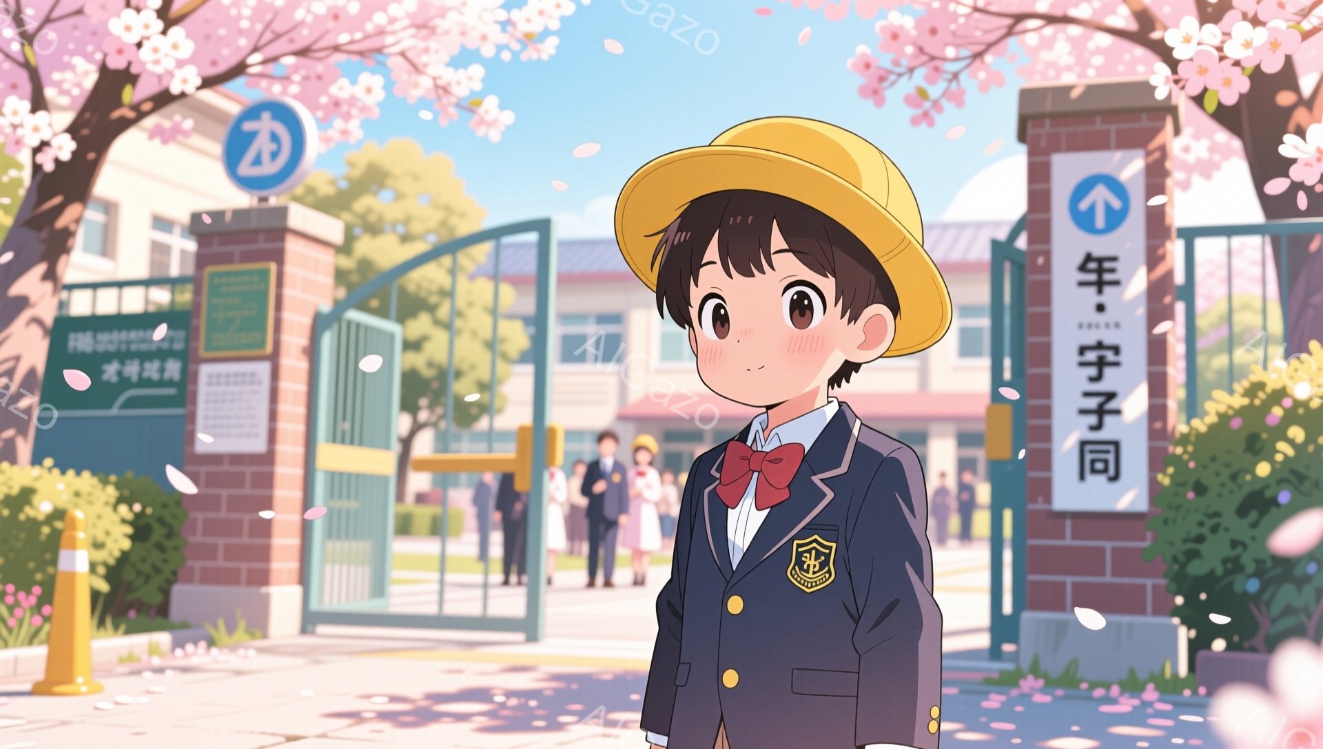 制服を着た少女が、桜並木の下で立っている。彼女は明るい笑顔で、少し照れくさそうな表情をしている。背景には学校の建物と、入学式のような賑やかな様子が見える。