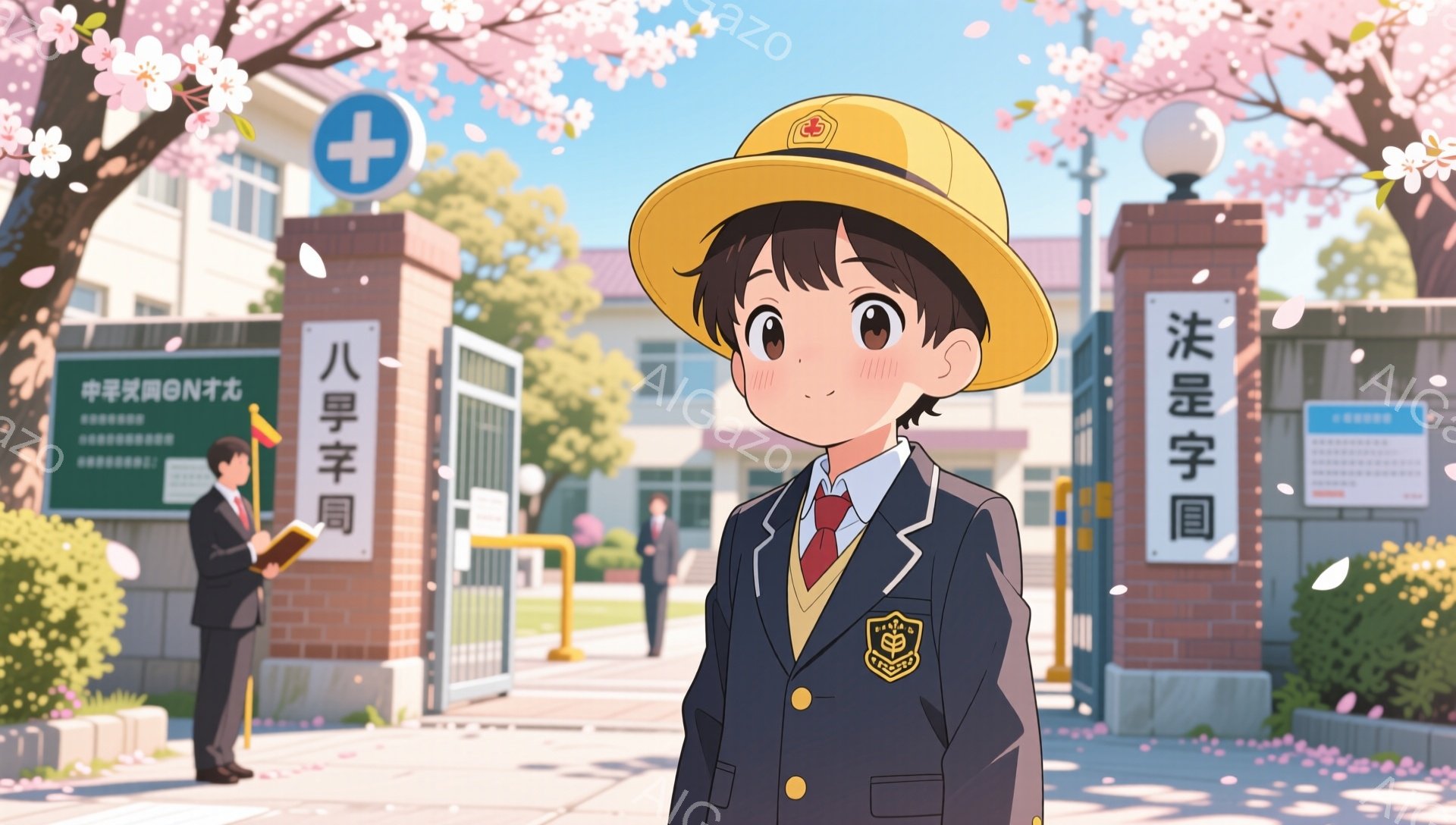 制服を着た少年が、桜並木の下で少し照れくさそうに立っている。背景には学校の建物と正門が見え、春の暖かい雰囲気を感じさせる。少年の頭には黄色い帽子があり、表情は明るく、これから何かを始めるような期待感がある。