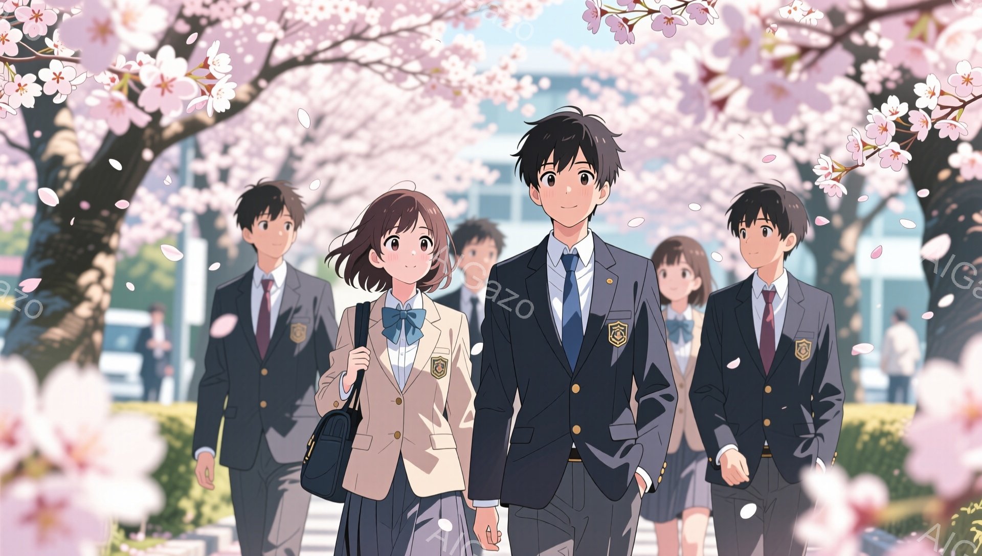 制服を着た学生たちが桜並木を歩いている。男子生徒は黒いブレザー、女子生徒は紺色のセーラー服と明るい茶色のジャケットを着ており、皆少し緊張した表情で前を見ている。背景には学校の建物が見え、春の穏やかな雰囲気が漂っている。