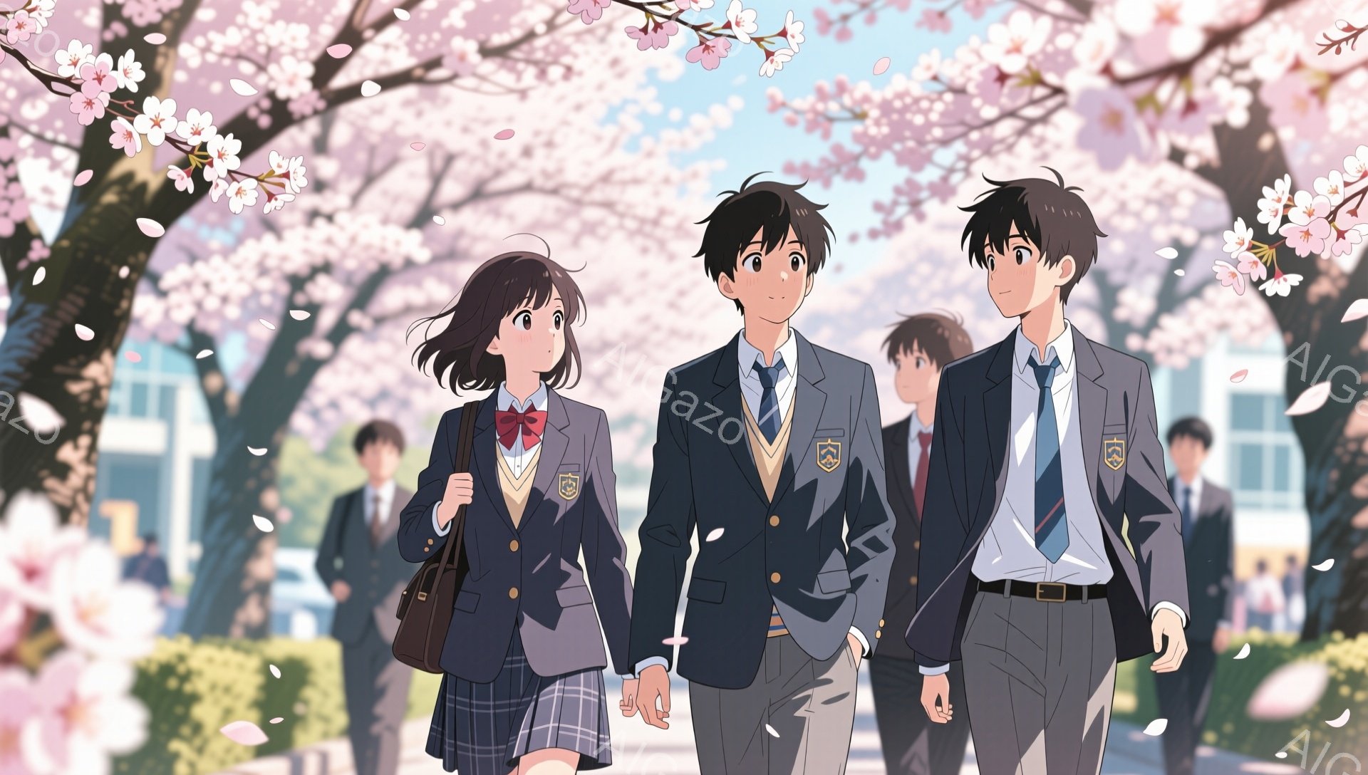 制服を着た男女が並んで歩いている。桜の花びらが舞い散る道で、二人は手をつないでいる。背景には学校の建物が見え、春の暖かくロマンチックな雰囲気が漂っている。