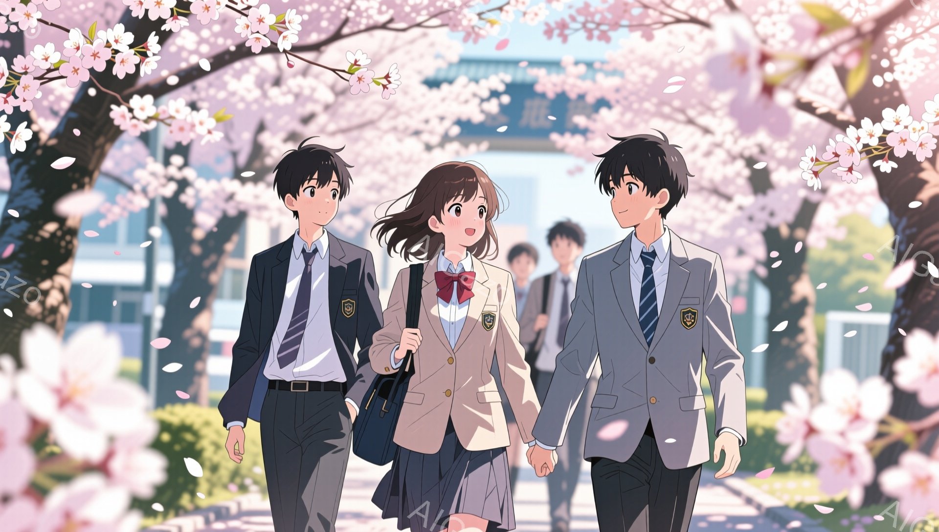 制服を着た男子高校生二人に、女子高校生が手を繋いで歩いている。桜並木が咲き誇り、背景には学校が見える春の風景だ。明るい雰囲気で、青春を感じさせる一枚である。