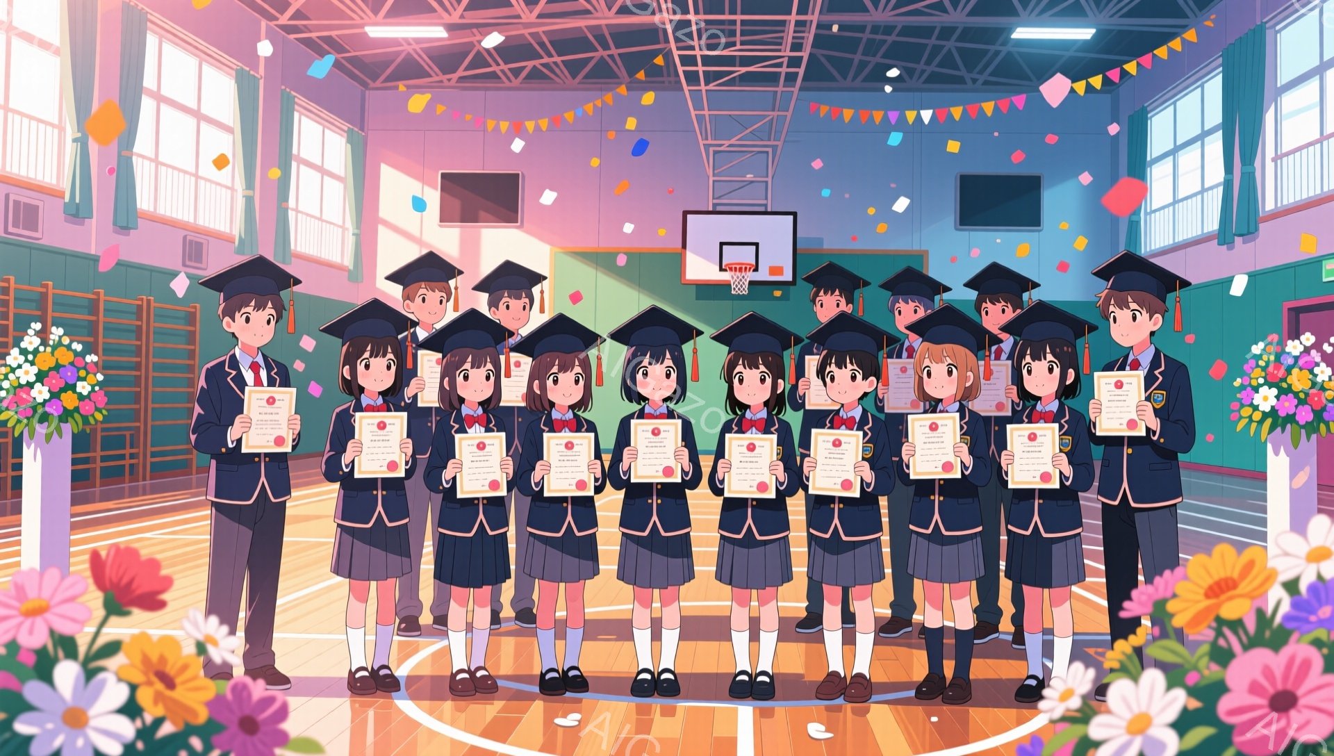 卒業式と思われる体育館で、学生たちが一列に並んで立っています。紺色の制服に卒業帽子をかぶり、卒業証書を手に笑顔を見せています。背景には花束や紙吹雪が舞い、明るくお祝いの雰囲気です。