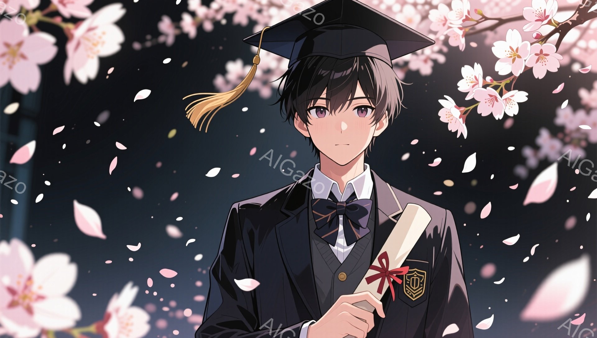 黒髪で整った髪型の青年が、卒業式らしい服装で立っている。紺色のブレザーに黒いネクタイと帽子を身につけ、手に卒業証書を持っている。背景には桜の花びらが舞い散っており、春らしい穏やかな雰囲気を醸し出している。