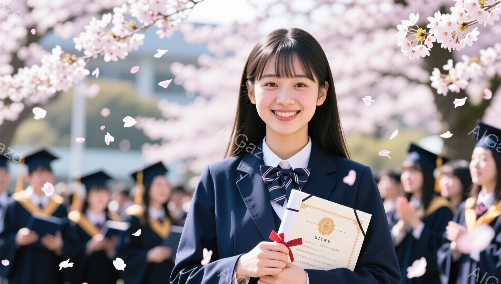 卒業式で、女子学生が卒業証書を持って笑顔で立っています。彼女は紺色のブレザーと白いシャツを着ており、桜の花びらが舞う背景には他の卒業生がいます。晴れた日の明るい雰囲気で、希望に満ちた未来を象徴しています。