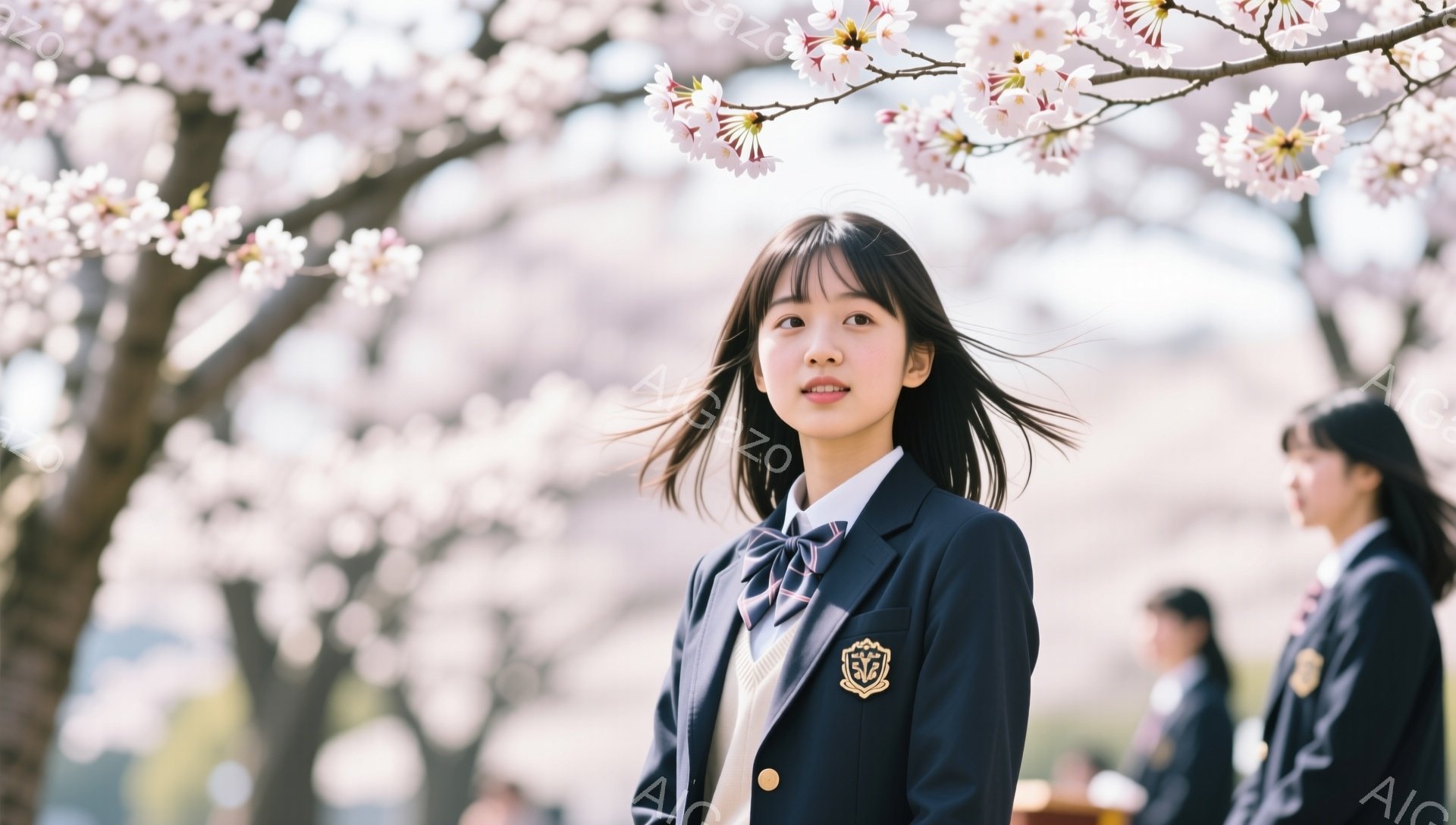 制服を着た女子高生が桜並木の下に立っている。彼女は長い髪を下ろして微笑んでおり、背景にはぼやけた制服姿の生徒たちがいる。桜の花びらが舞い散る、春らしい穏やかな雰囲気の写真だ。