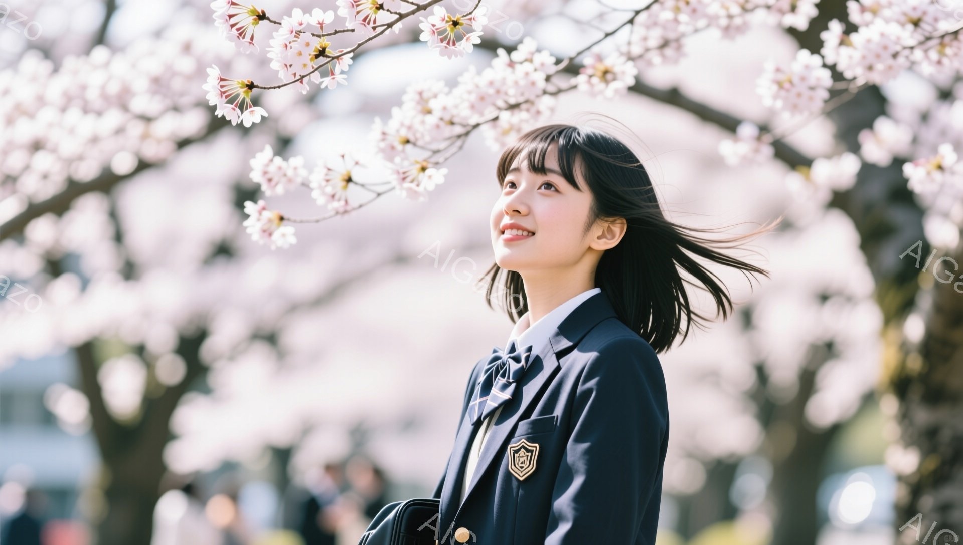 制服を着た女子高生が桜の木の下で微笑んでいる。髪は肩まで伸びており、風になびいている。背景には桜並木が広がり、春の暖かい雰囲気が漂っている。