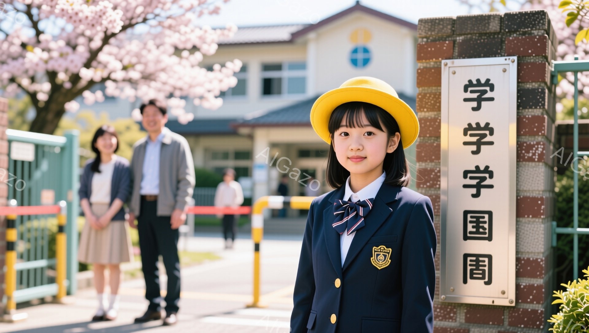 紺色のブレザーに黄色いリボンをつけた少女が、学校の門の前で笑顔で立っています。後ろには制服を着た少年と、少し離れたところに大人が立っています。背景には桜が咲き誇り、春の穏やかな雰囲気が漂っています。 - AI生成フリー素材
