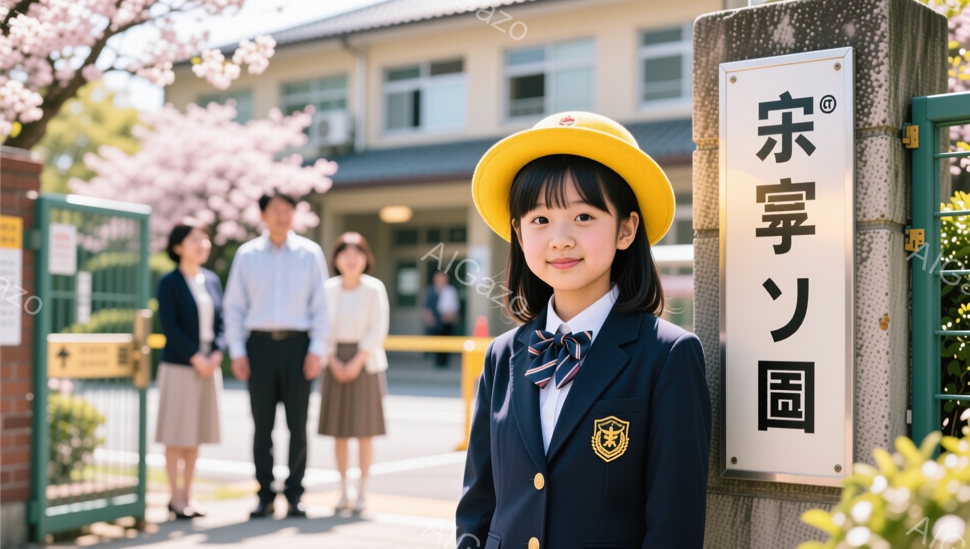 小さな女の子が、黄色い帽子と制服を着てカメラに向かって微笑んでいます。背景には、制服を着た他の子供たちと大人、そして桜の木が見えます。学校の入り口のような場所で、春らしい明るい雰囲気です。