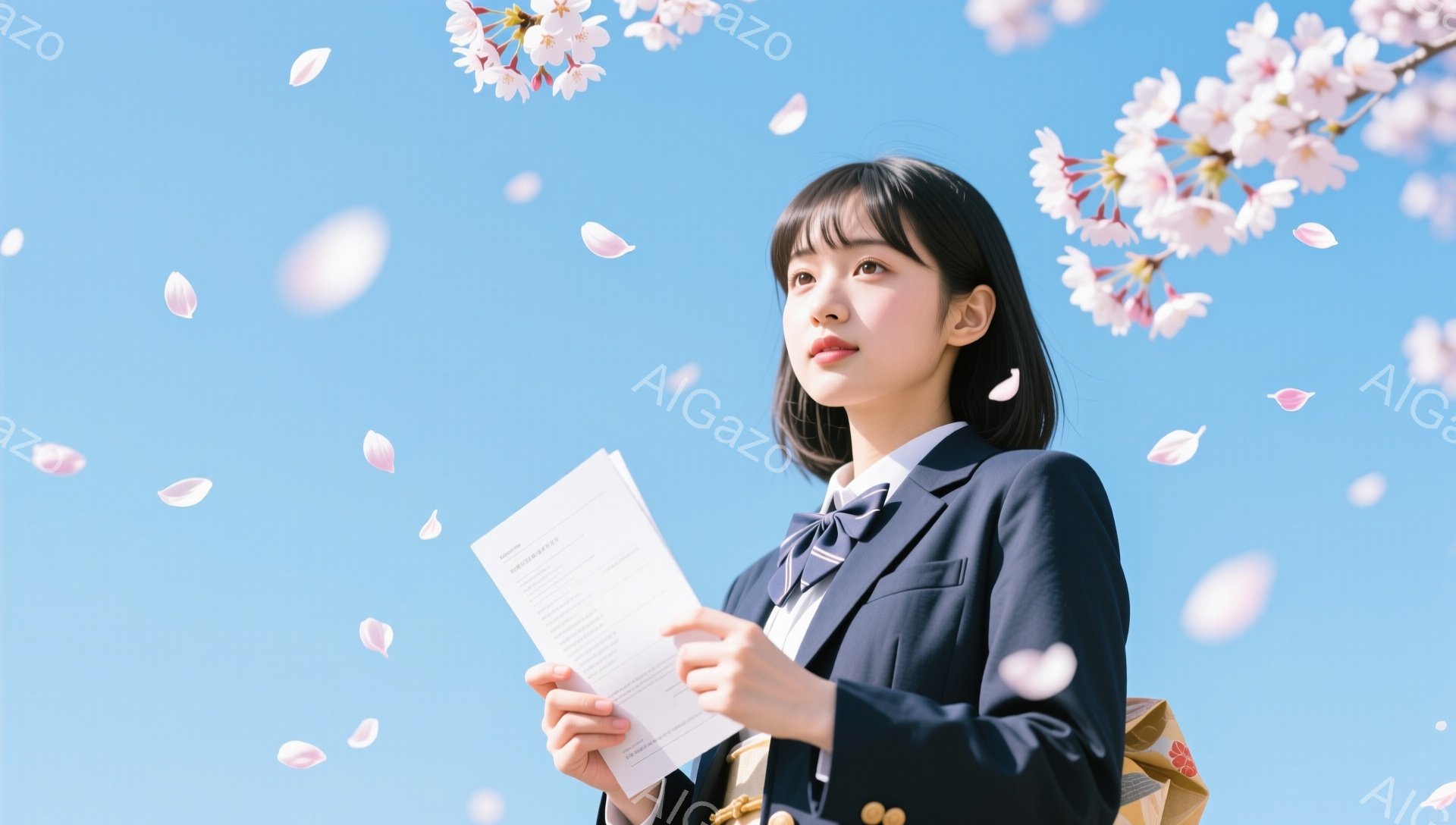 制服を着た若い女性が、桜の花びらが舞う青空の下で書類を手にしている。彼女は少し上を見上げ、穏やかな表情で何かを考えているようだ。背景には美しい桜が咲き誇り、春の暖かさと希望に満ちた雰囲気が感じられる。