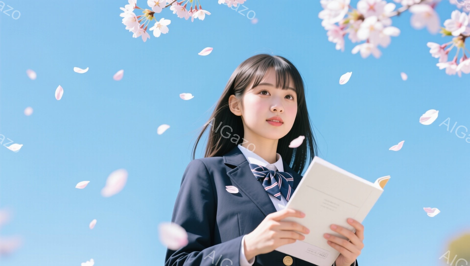 紺色のブレザーにネクタイを締めた女子学生が、桜の花びらが舞う青空の下で本を手にしている。彼女は少し上目線で、穏やかな表情で何かを読んでいるようだ。春らしい、爽やかで希望に満ちた雰囲気の画像である。