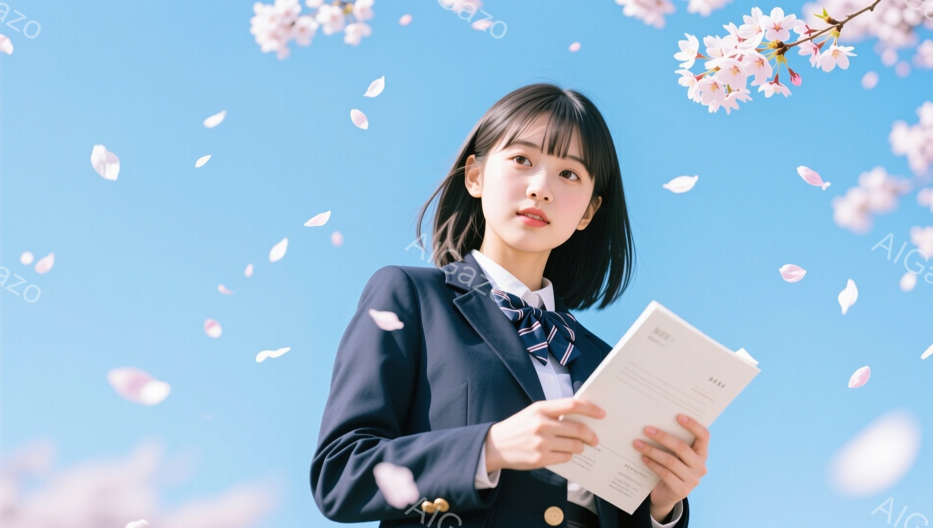 明るい青空の下、桜の花びらが舞う中、制服を着た女性が本を手にしている。彼女は短い黒髪で、少し微笑んでいる表情で、穏やかで優しい雰囲気を醸し出している。春らしい柔らかな光が彼女を照らし、爽やかな印象を与 - AI生成フリー素材