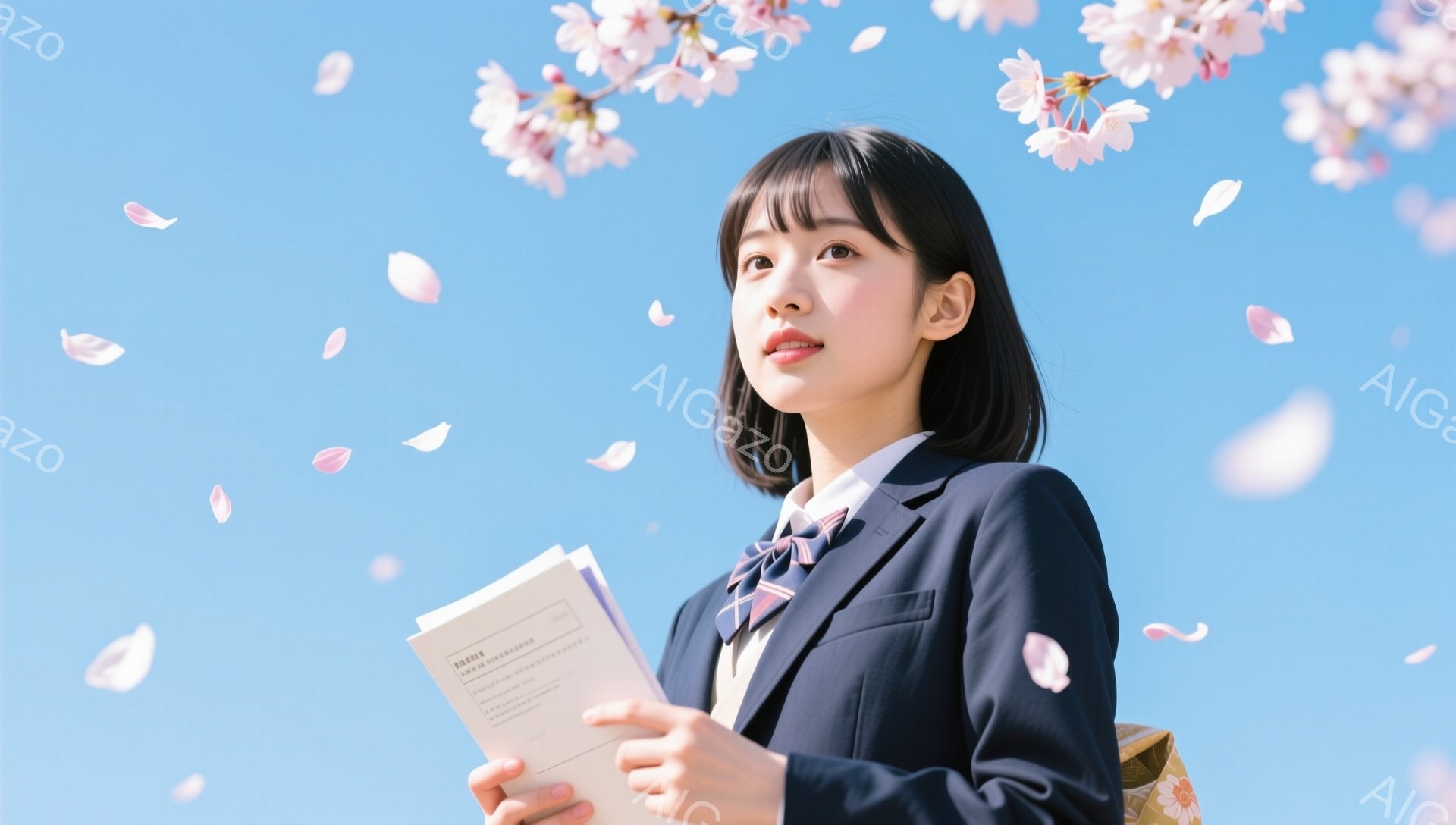 制服を着た女子高生が、桜の花びらが舞う中、何かを読んでいます。彼女は少し上を見上げ、穏やかな表情を浮かべており、春の暖かな日差しが彼女を照らしています。背景は空と桜で、希望に満ちた雰囲気です。